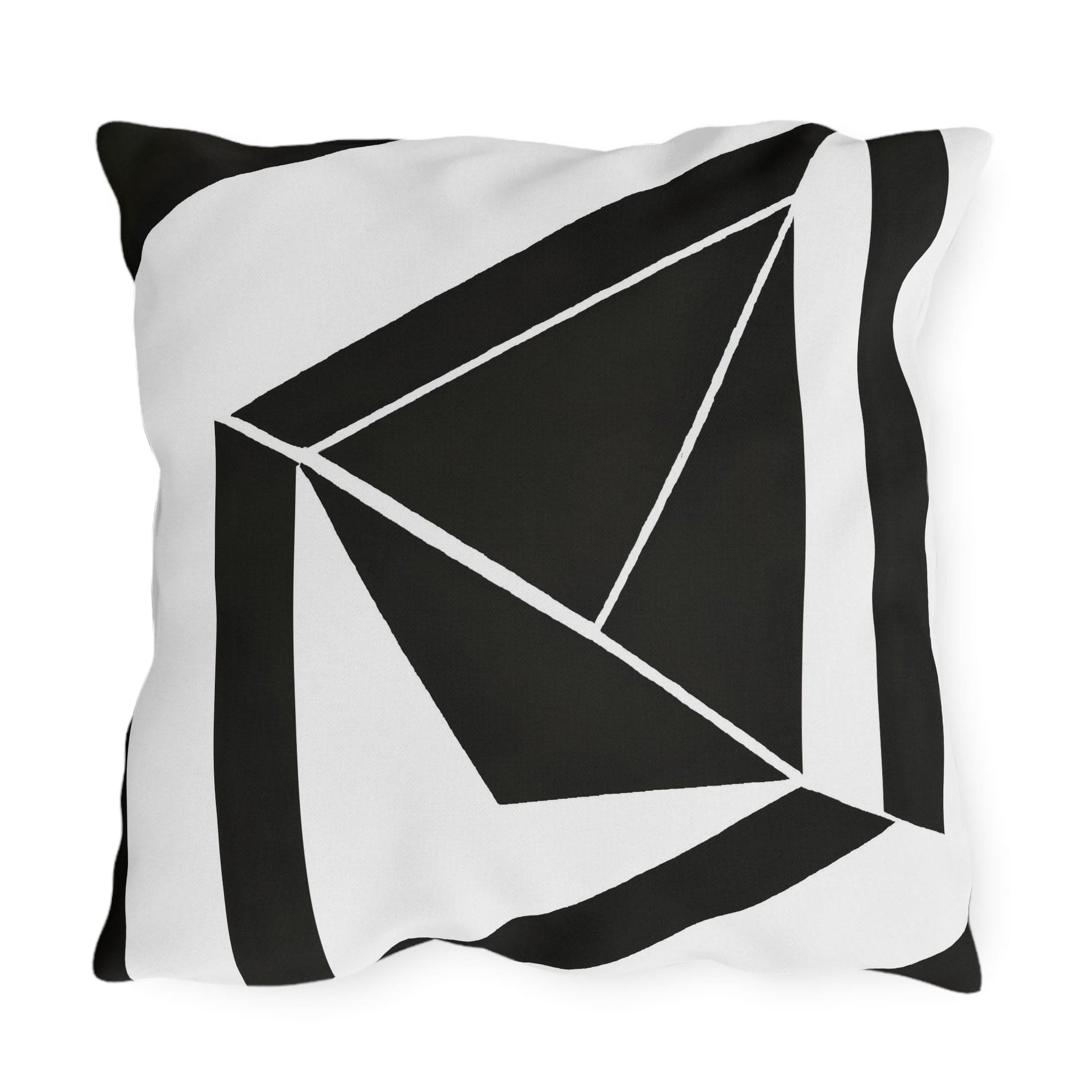 Decorative indoor/outdoor pillow featuring a black and white geometric pattern, ideal for enhancing outdoor spaces.
