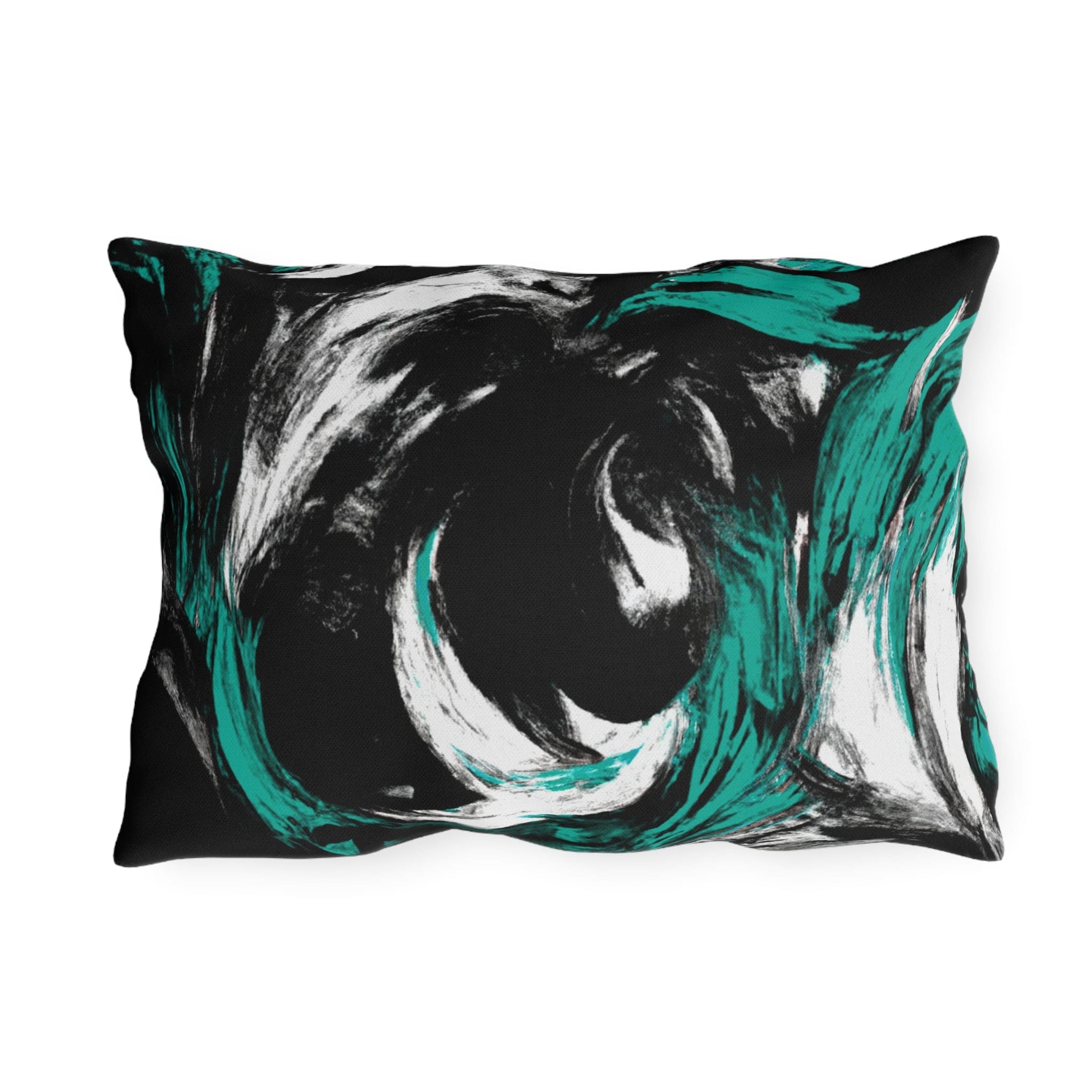 Decorative indoor/outdoor pillow featuring a black, green, and white abstract pattern, ideal for enhancing outdoor decor.