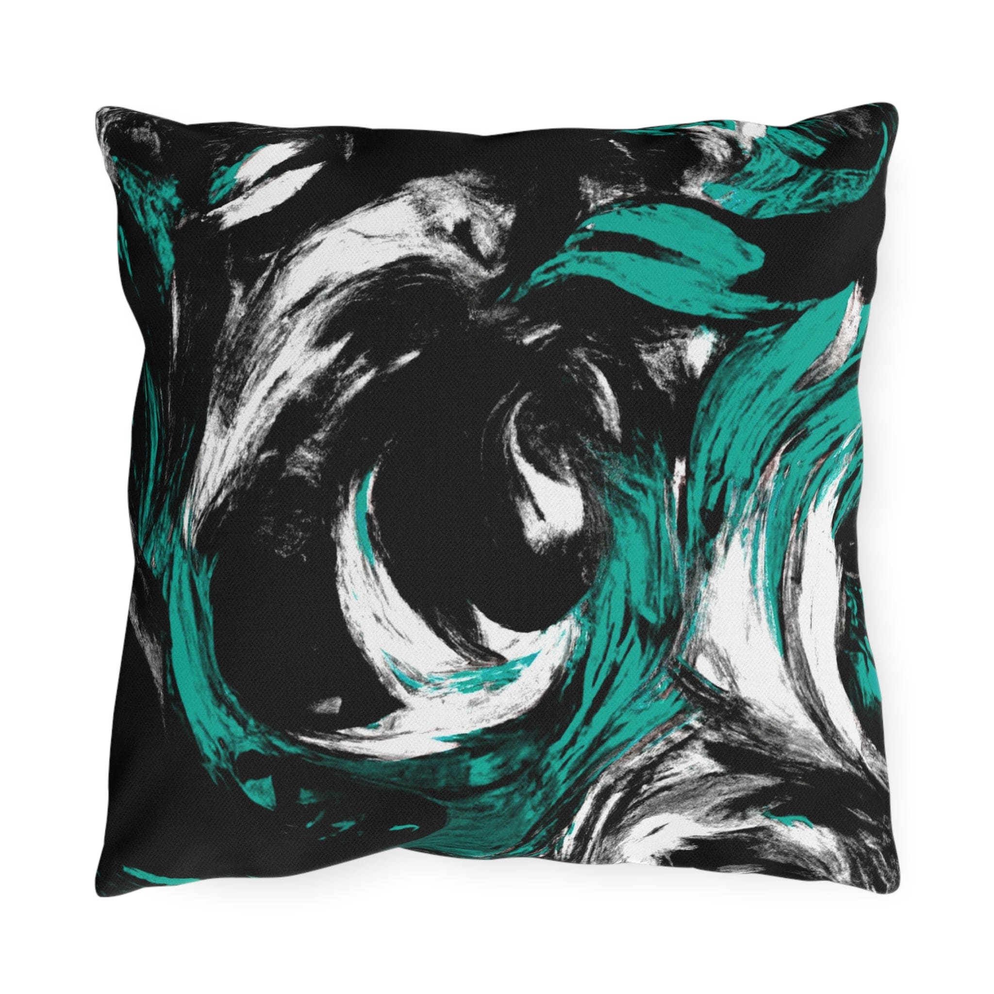 Decorative indoor/outdoor pillow featuring a black, green, and white abstract pattern, ideal for enhancing outdoor decor.