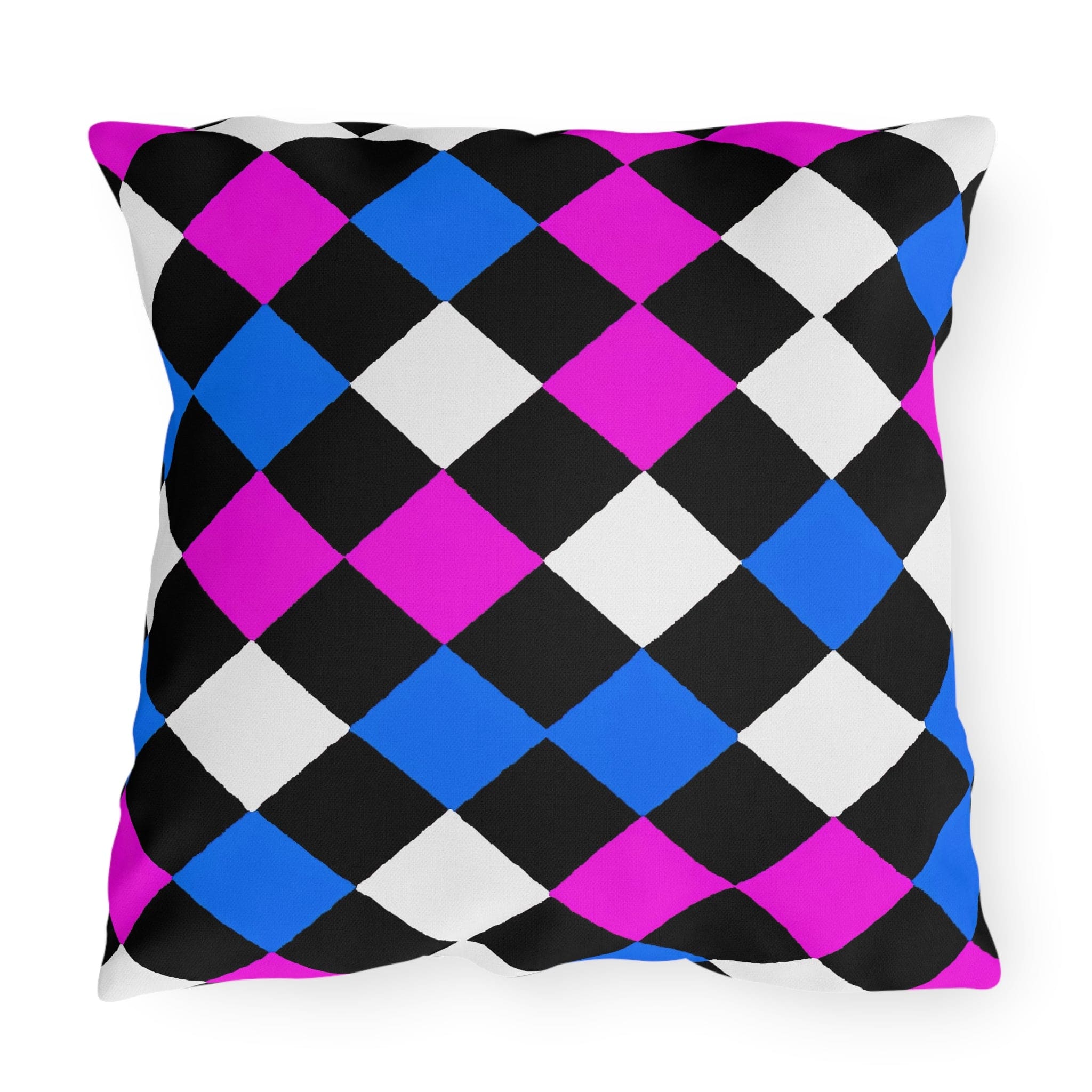 Decorative indoor/outdoor pillow featuring a vibrant black, pink, and blue checkered pattern, perfect for enhancing outdoor decor.