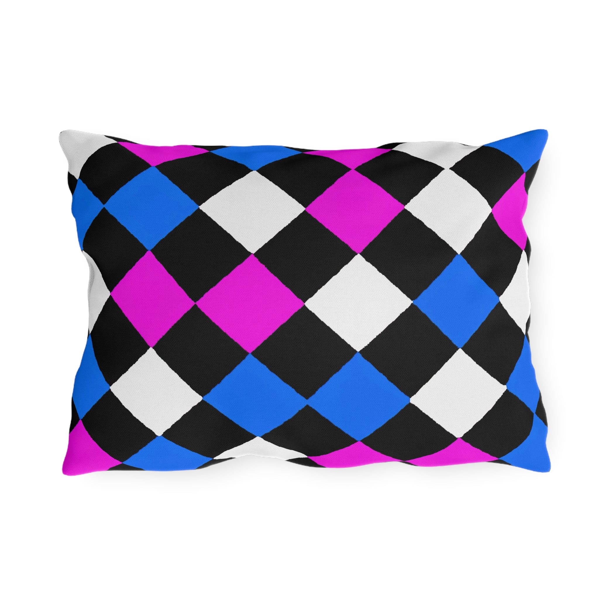 Decorative indoor/outdoor pillow featuring a vibrant black, pink, and blue checkered pattern, perfect for enhancing outdoor decor.