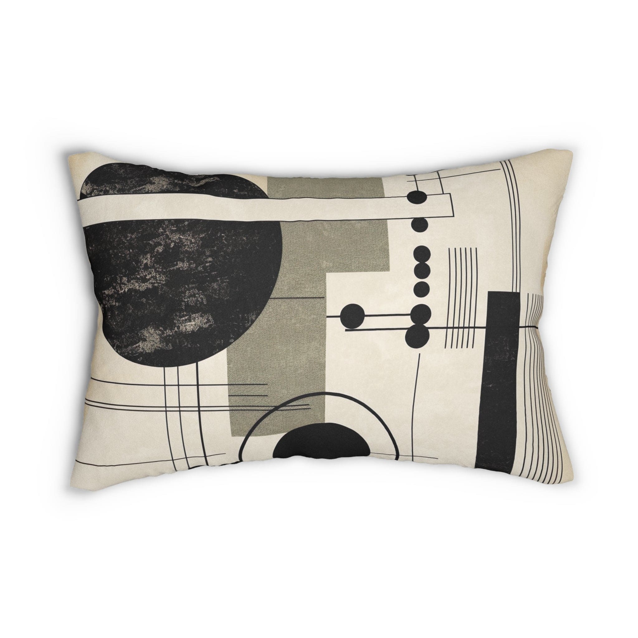 Decorative lumbar throw pillow featuring an abstract geometric design in black, beige, and brown colors, perfect for enhancing home decor.