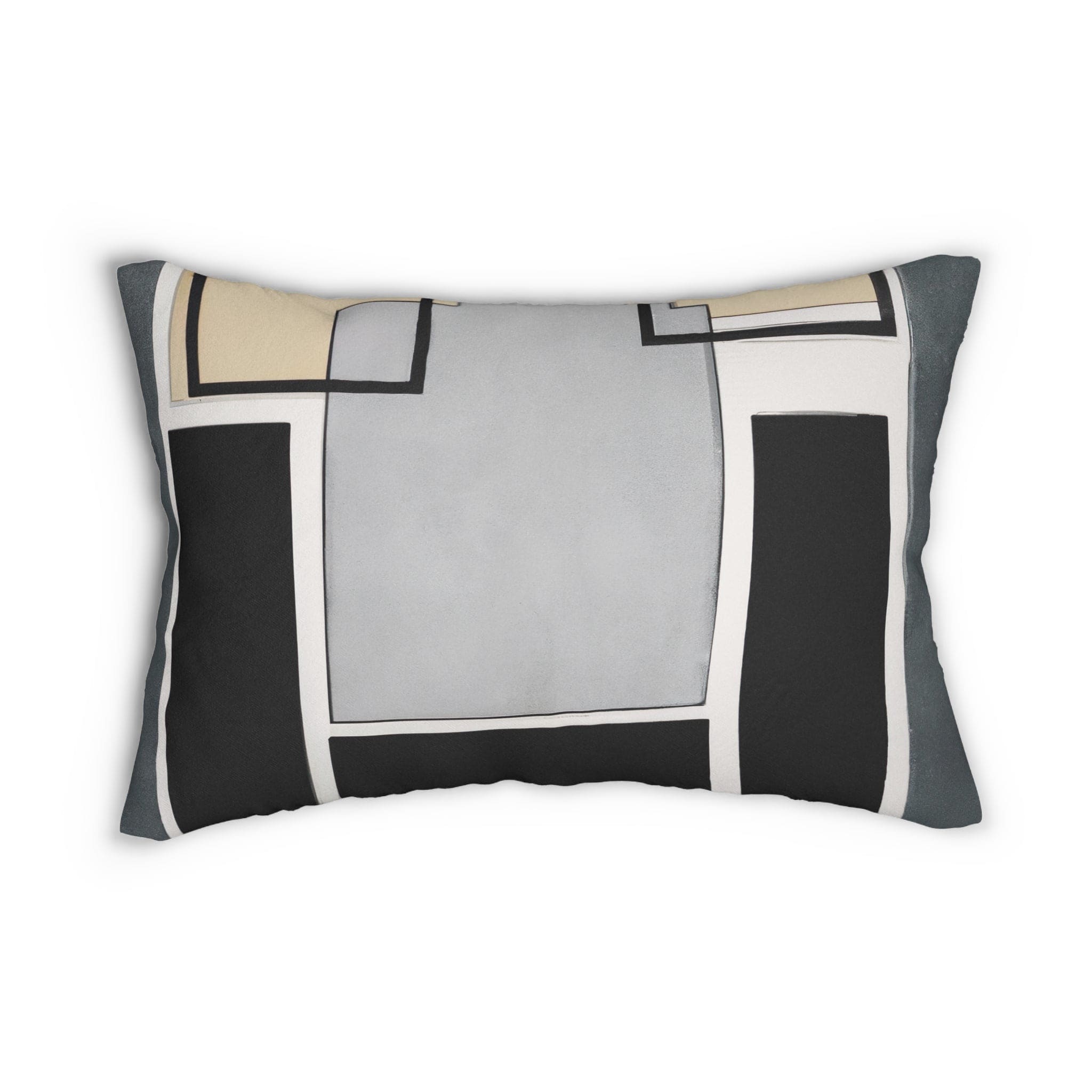 Decorative lumbar throw pillow featuring an abstract geometric design in black, grey, and brown colors, perfect for enhancing home decor.