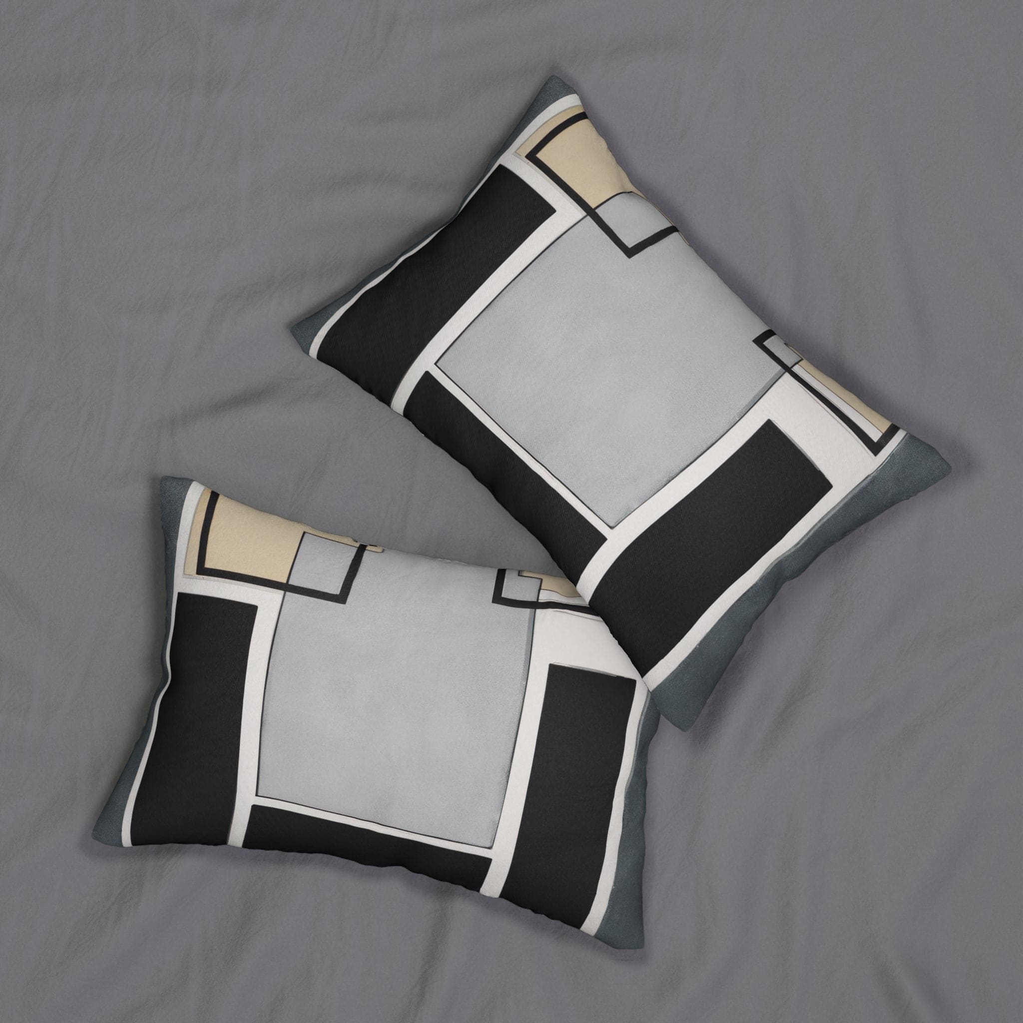 Decorative lumbar throw pillow featuring an abstract geometric design in black, grey, and brown colors, perfect for enhancing home decor.