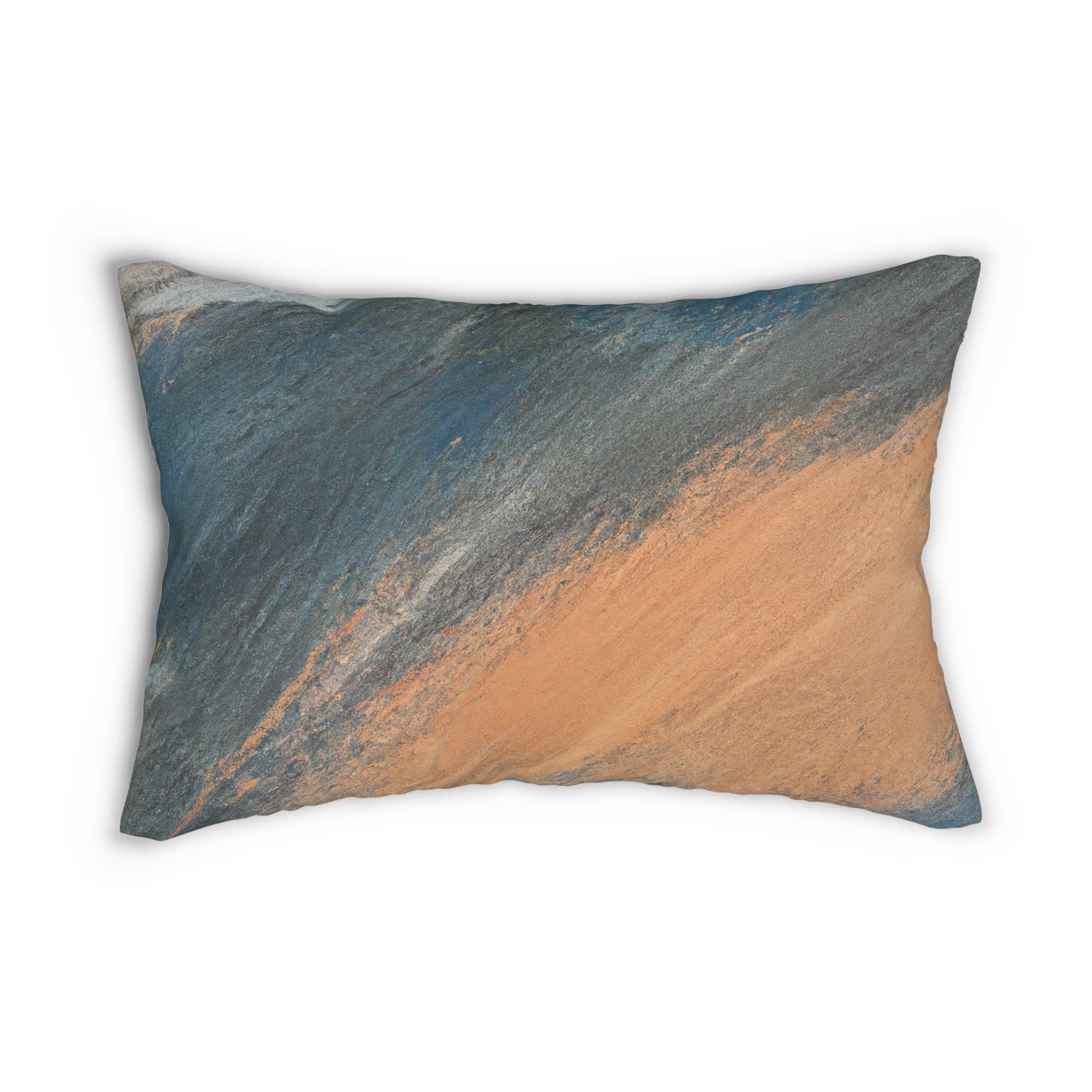 Decorative lumbar throw pillow featuring an abstract pattern in blue, orange, and grey, showcasing vibrant colors and artistic design.