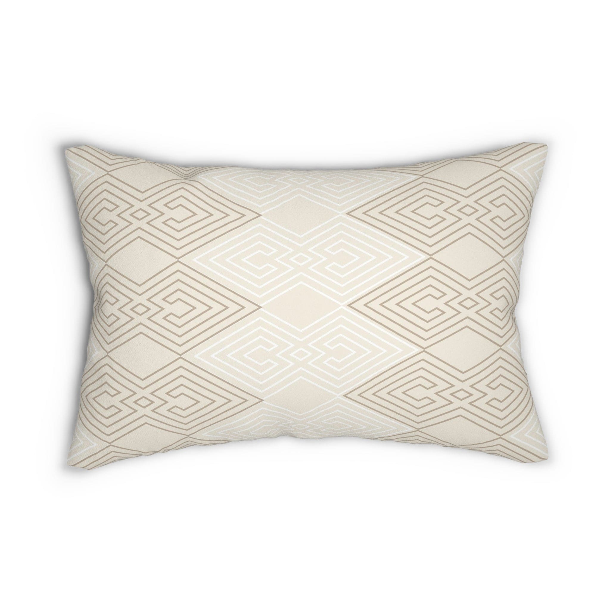 Beige and White Tribal Geometric Decorative Lumbar Throw Pillow with double-sided print and concealed zipper, perfect for stylish home decor.