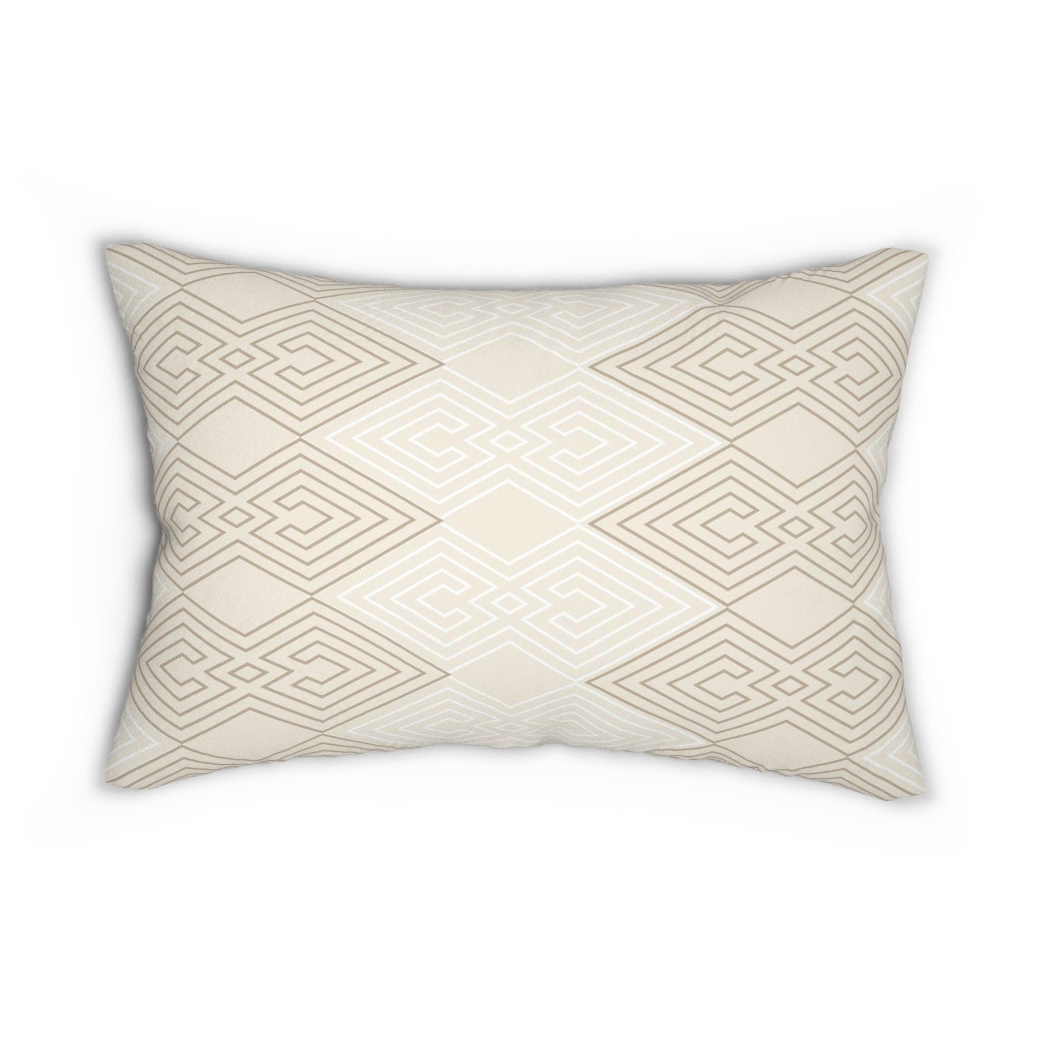 Beige and White Tribal Geometric Decorative Lumbar Throw Pillow with double-sided print and concealed zipper, perfect for stylish home decor.