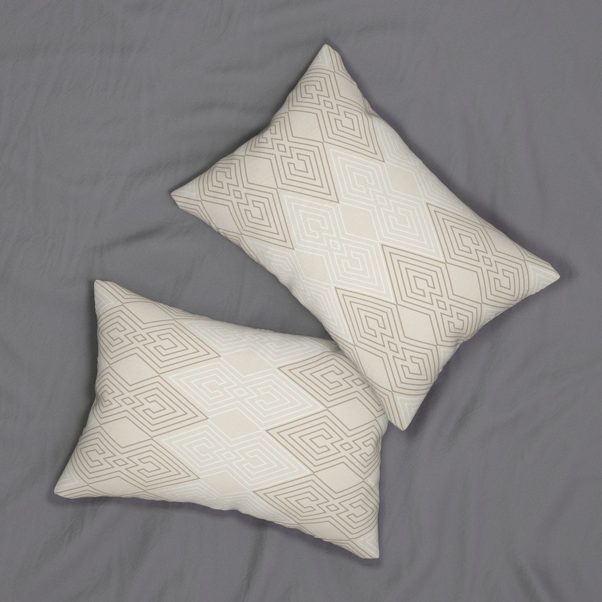 Beige and White Tribal Geometric Decorative Lumbar Throw Pillow with double-sided print and concealed zipper, perfect for stylish home decor.
