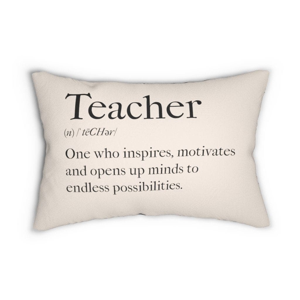 Decorative lumbar throw pillow in black and beige with inspiring words 'Teachers Inspire', showcasing a stylish and artistic design.
