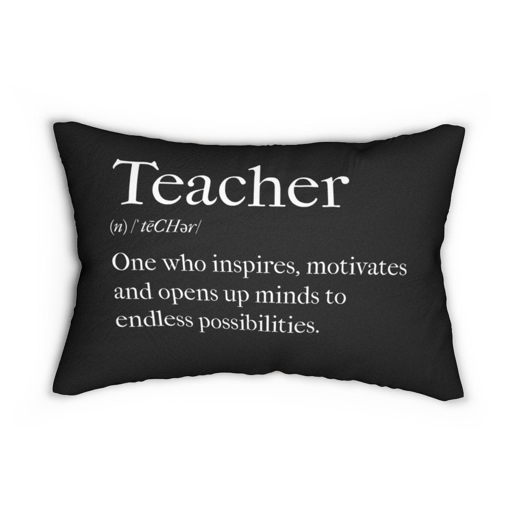 Decorative lumbar throw pillow in black and beige with inspiring words 'Teachers Inspire', showcasing a stylish and artistic design.