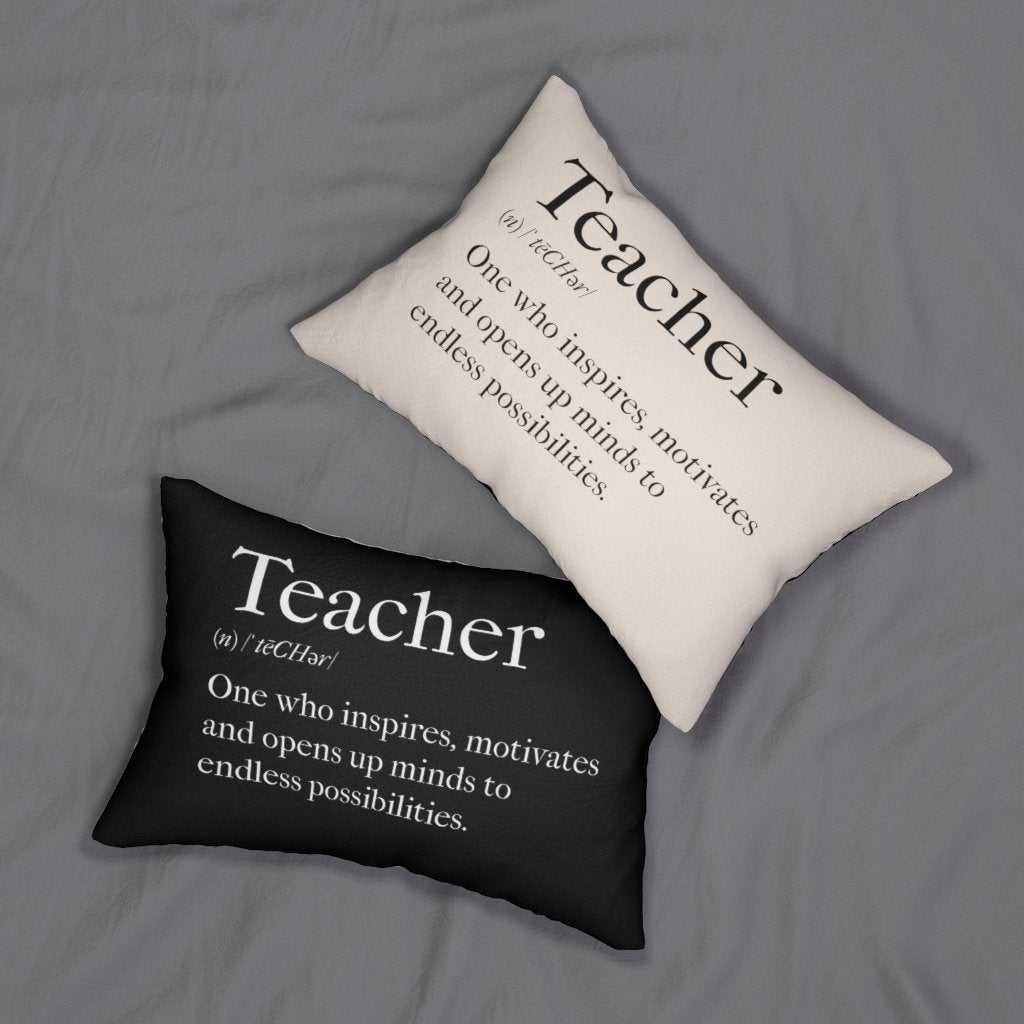 Decorative lumbar throw pillow in black and beige with inspiring words 'Teachers Inspire', showcasing a stylish and artistic design.