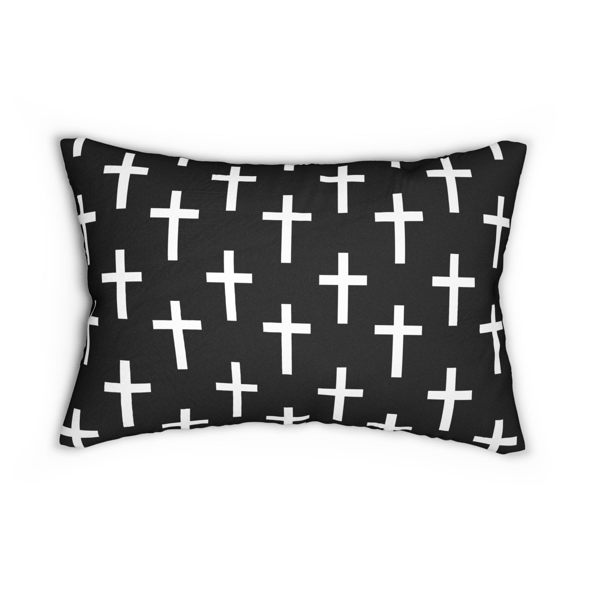 Decorative lumbar throw pillow featuring a black and white seamless cross design, showcasing artistic flair and comfort.