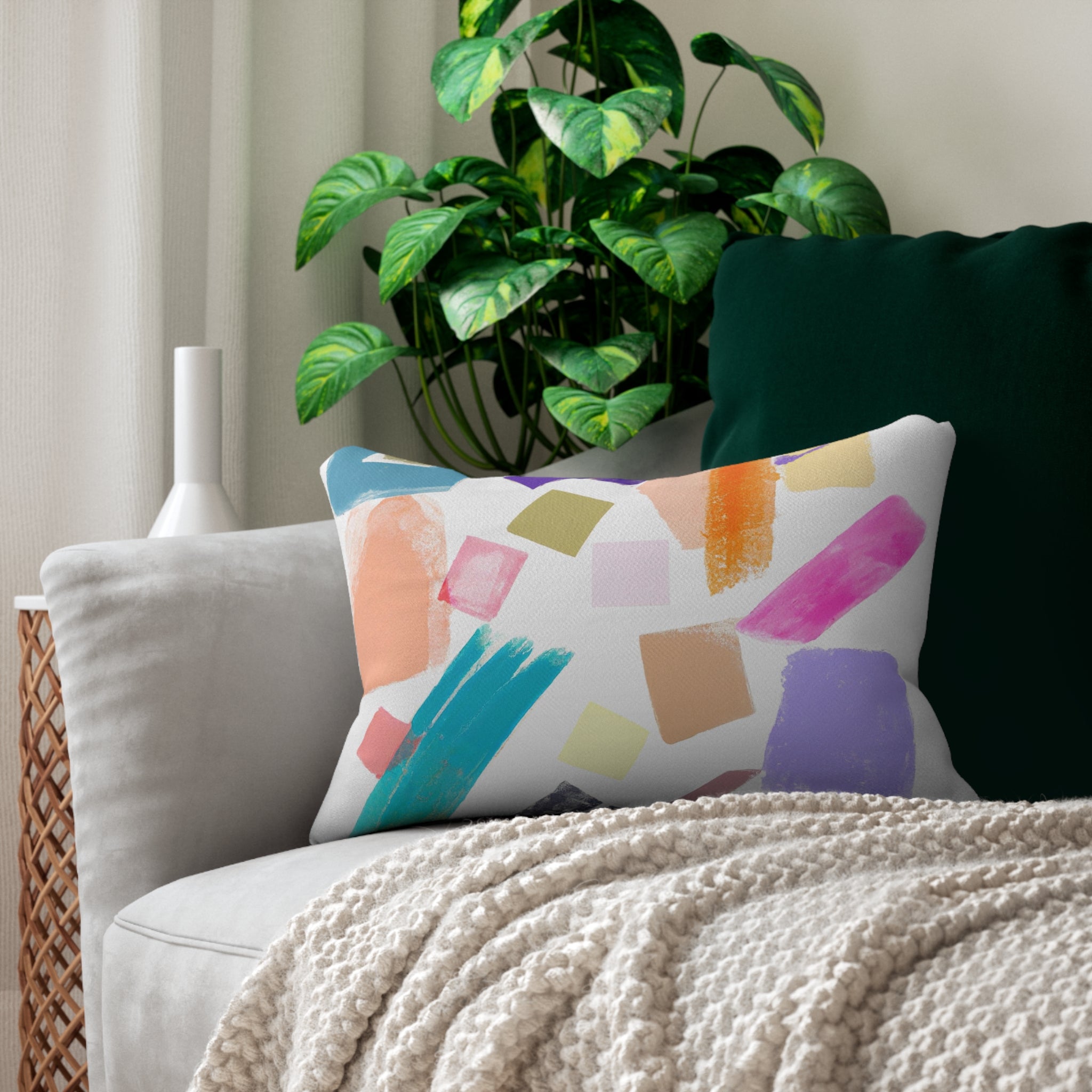 Decorative lumbar throw pillow featuring a multicolor pastel geometric brush design, showcasing vibrant colors and artistic patterns.