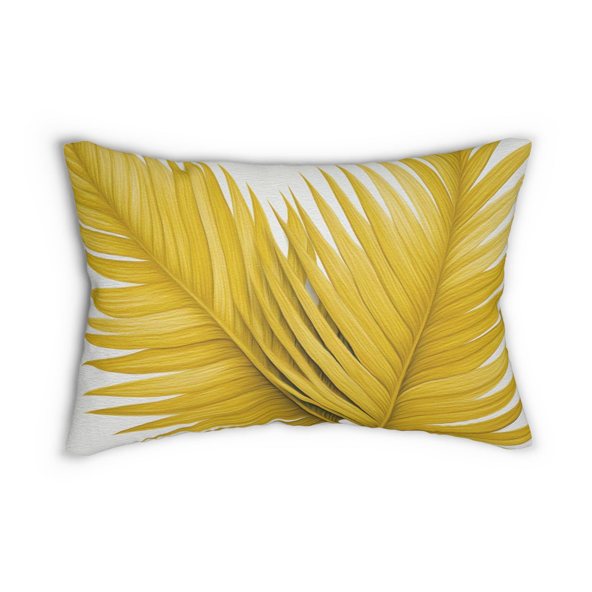 Decorative lumbar throw pillow featuring yellow palm tree leaves design, showcasing vibrant colors and a minimalist style.