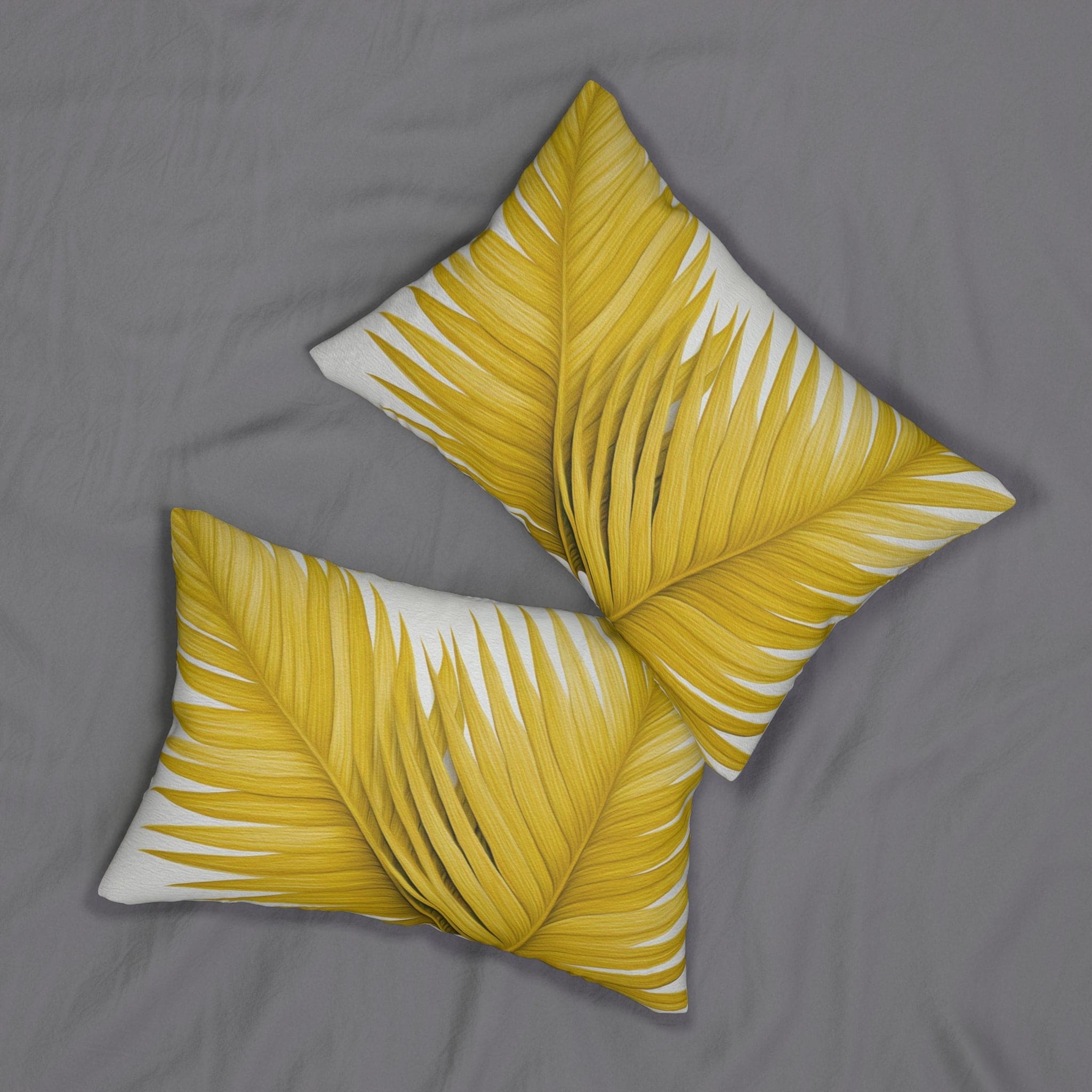 Decorative lumbar throw pillow featuring yellow palm tree leaves design, showcasing vibrant colors and a minimalist style.