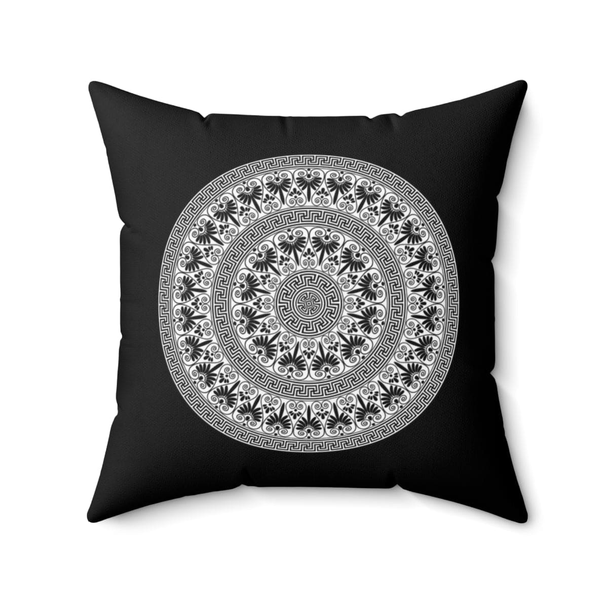 Black and white round geometric boho decorative throw pillow cover with a concealed zipper, showcasing a modern design.