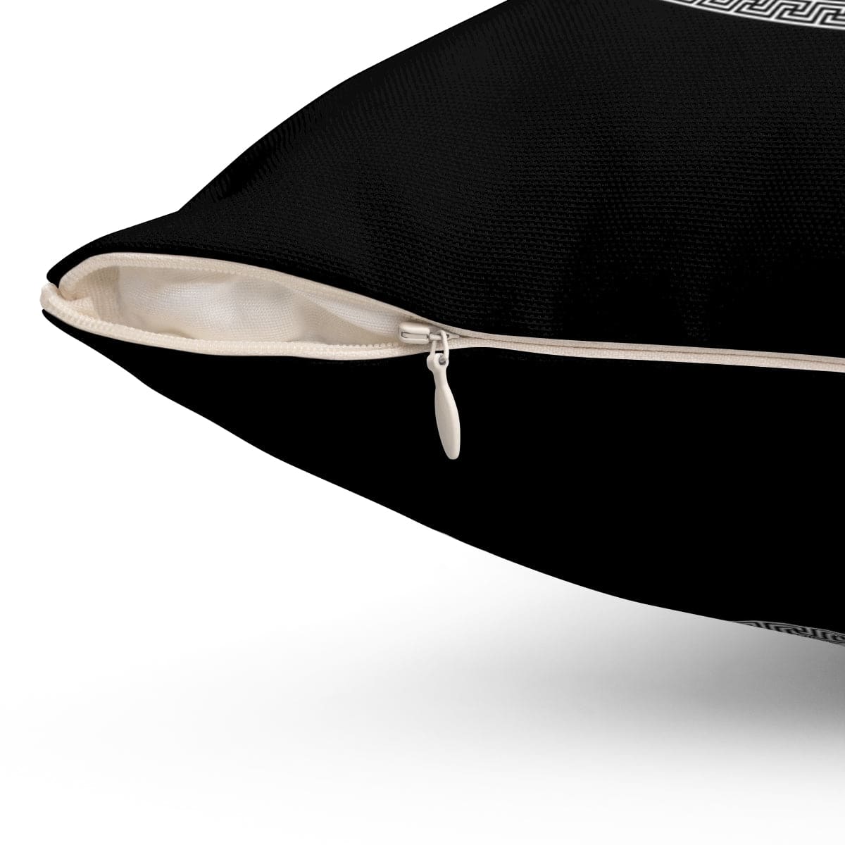 Black and white round geometric boho decorative throw pillow cover with a concealed zipper, showcasing a modern design.