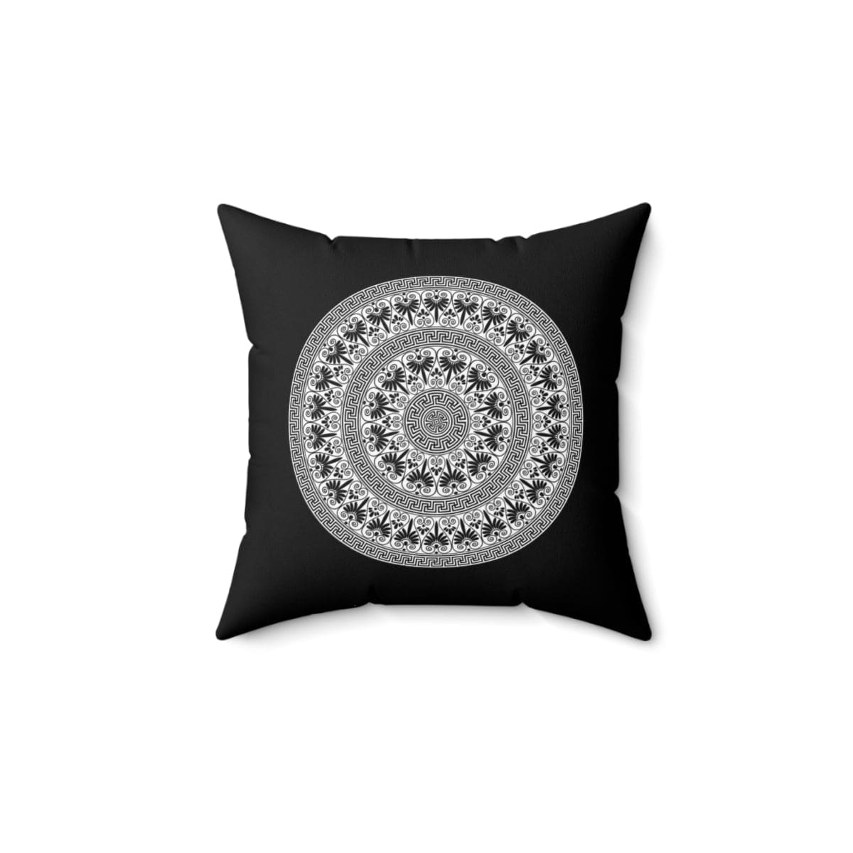 Black and white round geometric boho decorative throw pillow cover with a concealed zipper, showcasing a modern design.