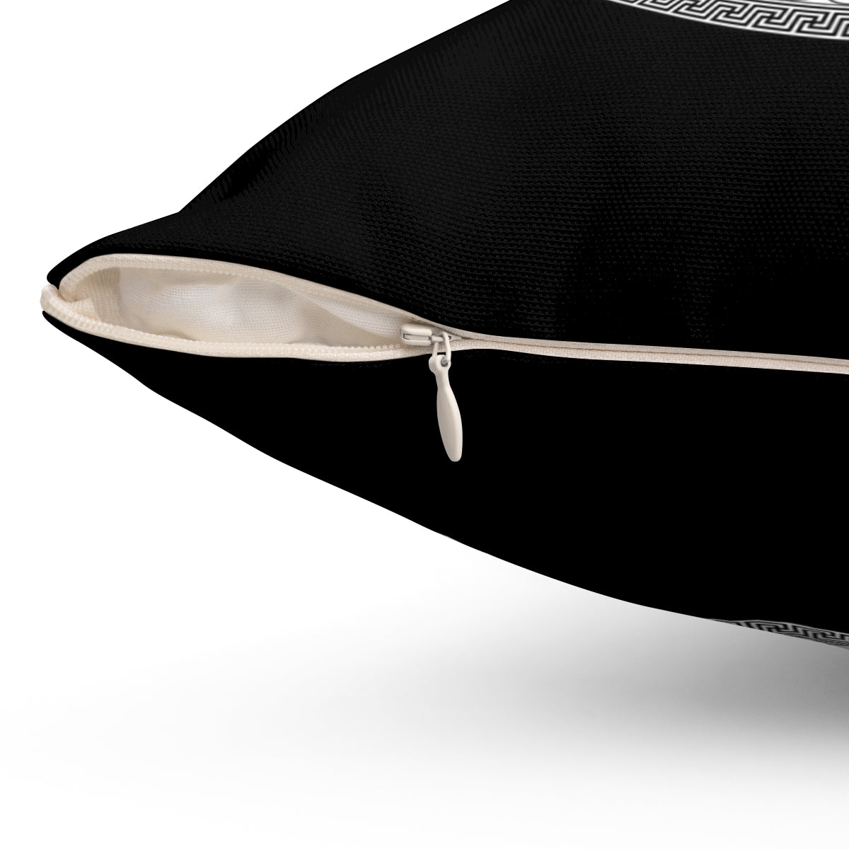 Black and white round geometric boho decorative throw pillow cover with a concealed zipper, showcasing a modern design.