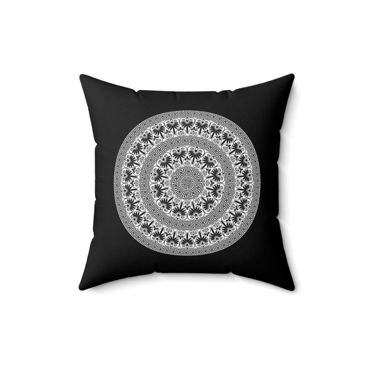 Black and white round geometric boho decorative throw pillow cover with a concealed zipper, showcasing a modern design.