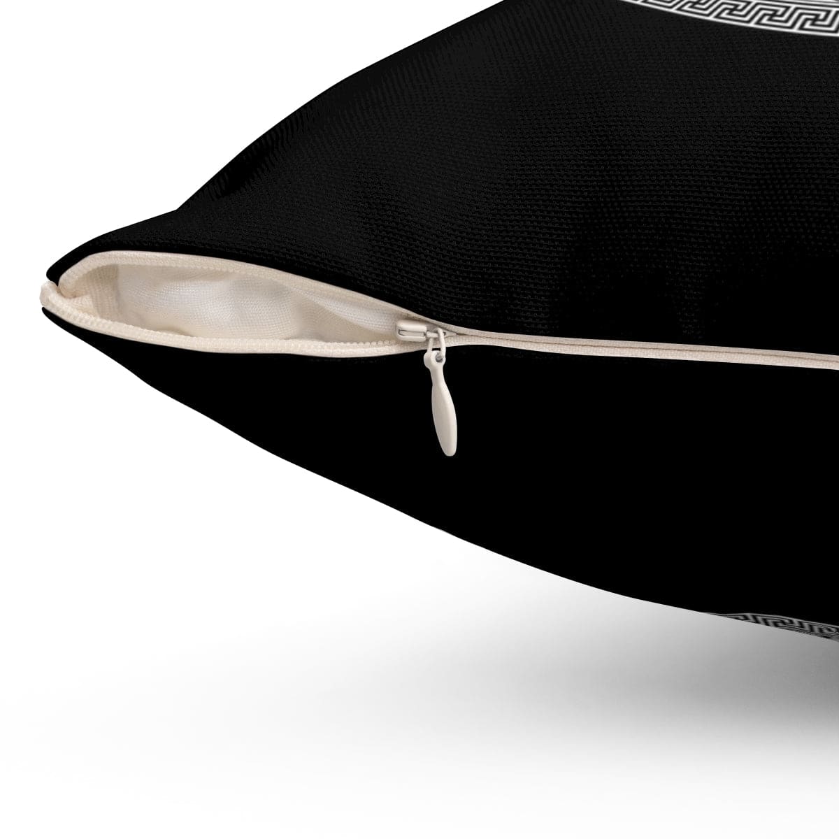 Black and white round geometric boho decorative throw pillow cover with a concealed zipper, showcasing a modern design.