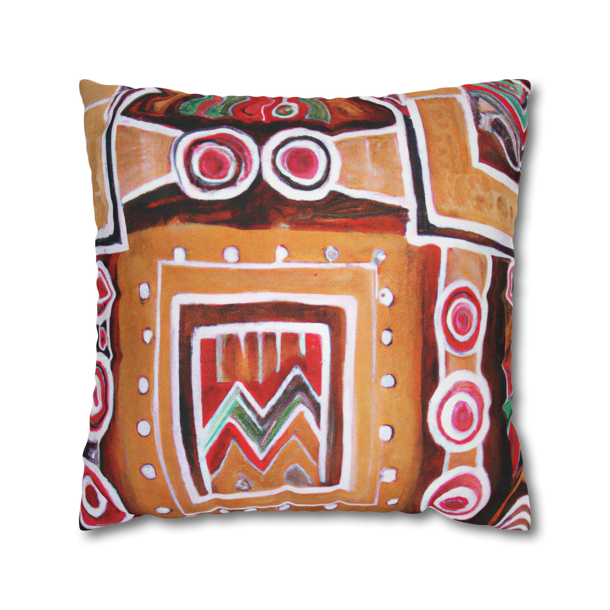 Decorative throw pillow cover featuring a vibrant brown, orange, and green Aztec pattern, perfect for enhancing home decor.