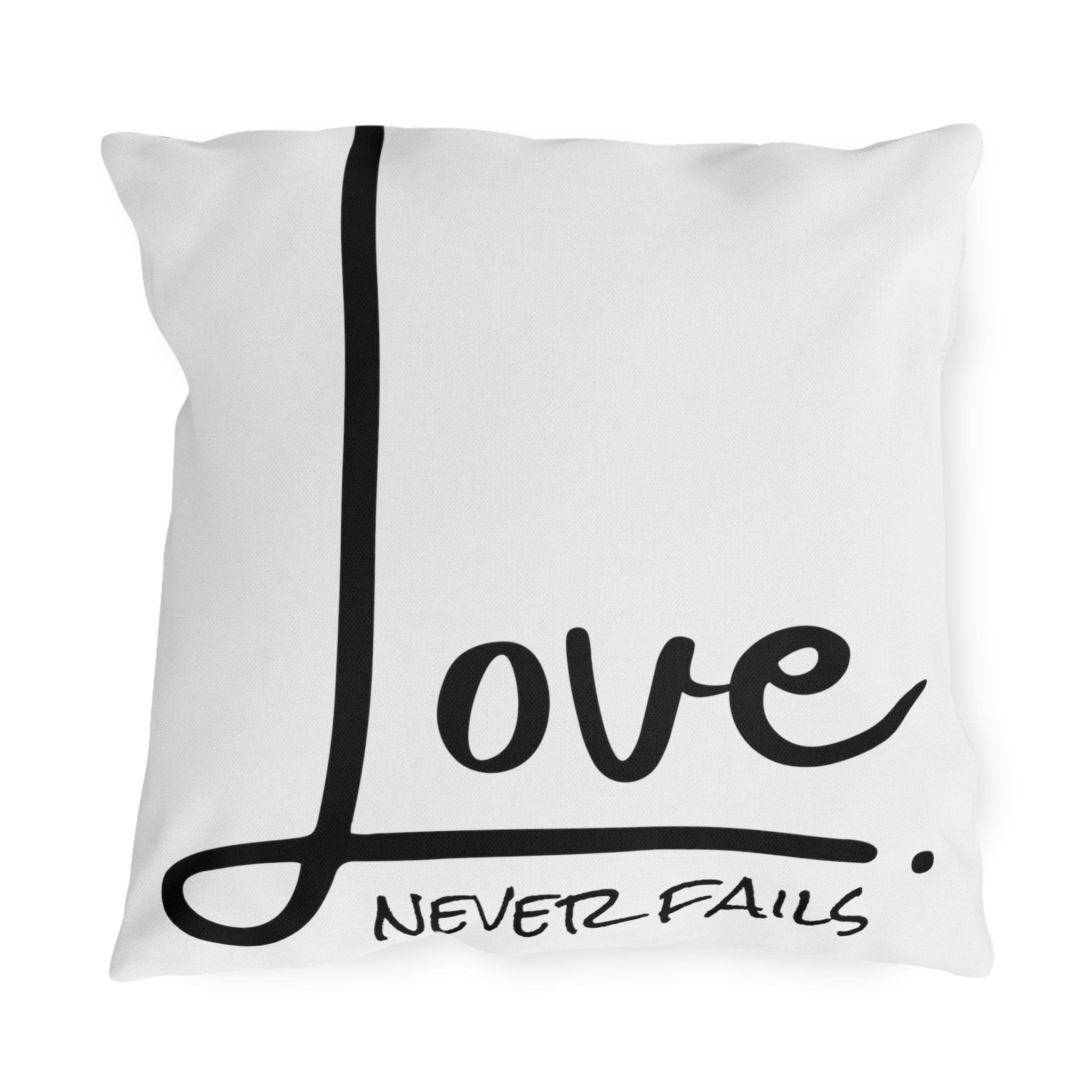 Decorative throw pillow cover featuring 'Love Never Fails' design, made from high-quality polyester with a concealed zipper.