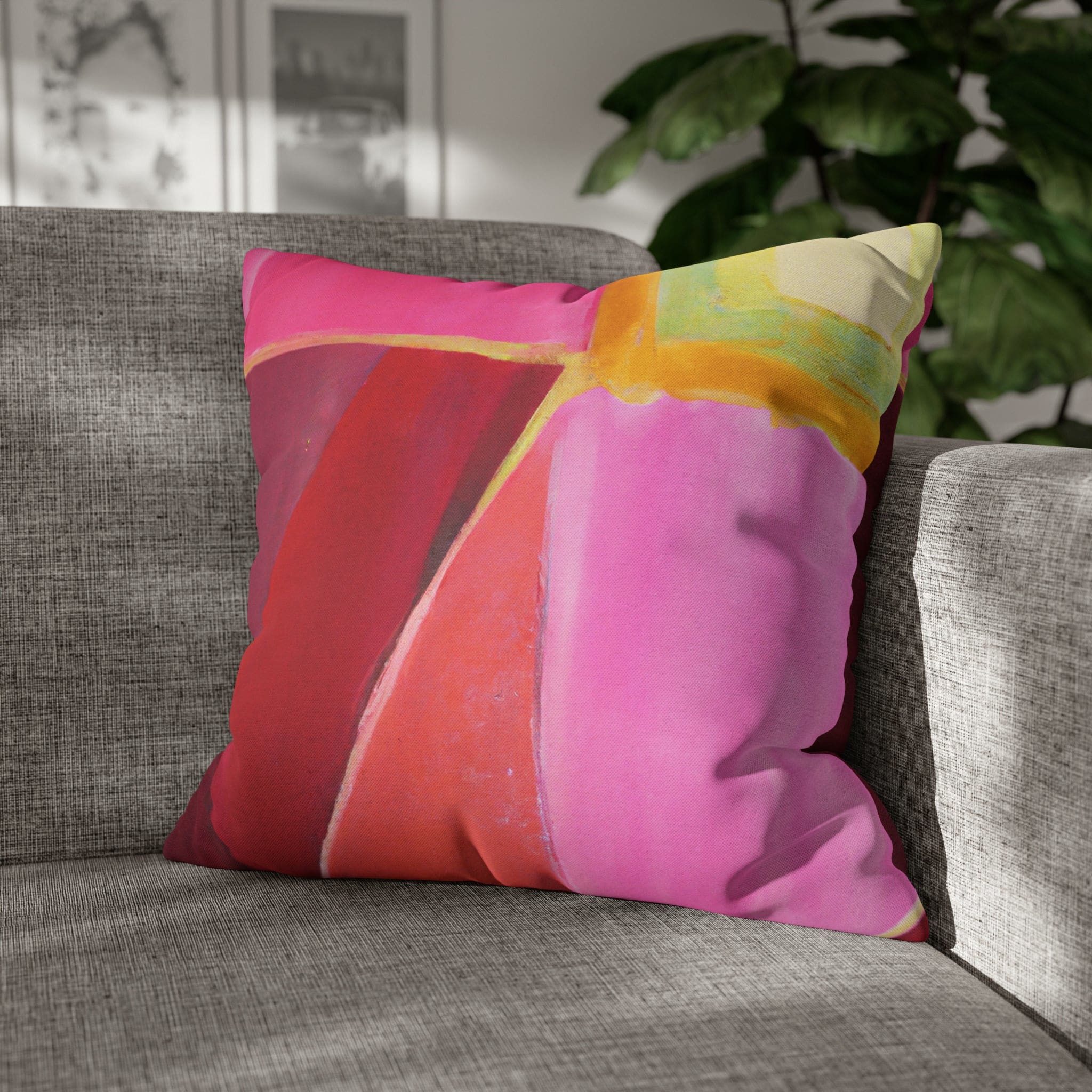 Decorative throw pillow cover in pink mauve red geometric pattern, featuring a concealed zipper and double-sided print.