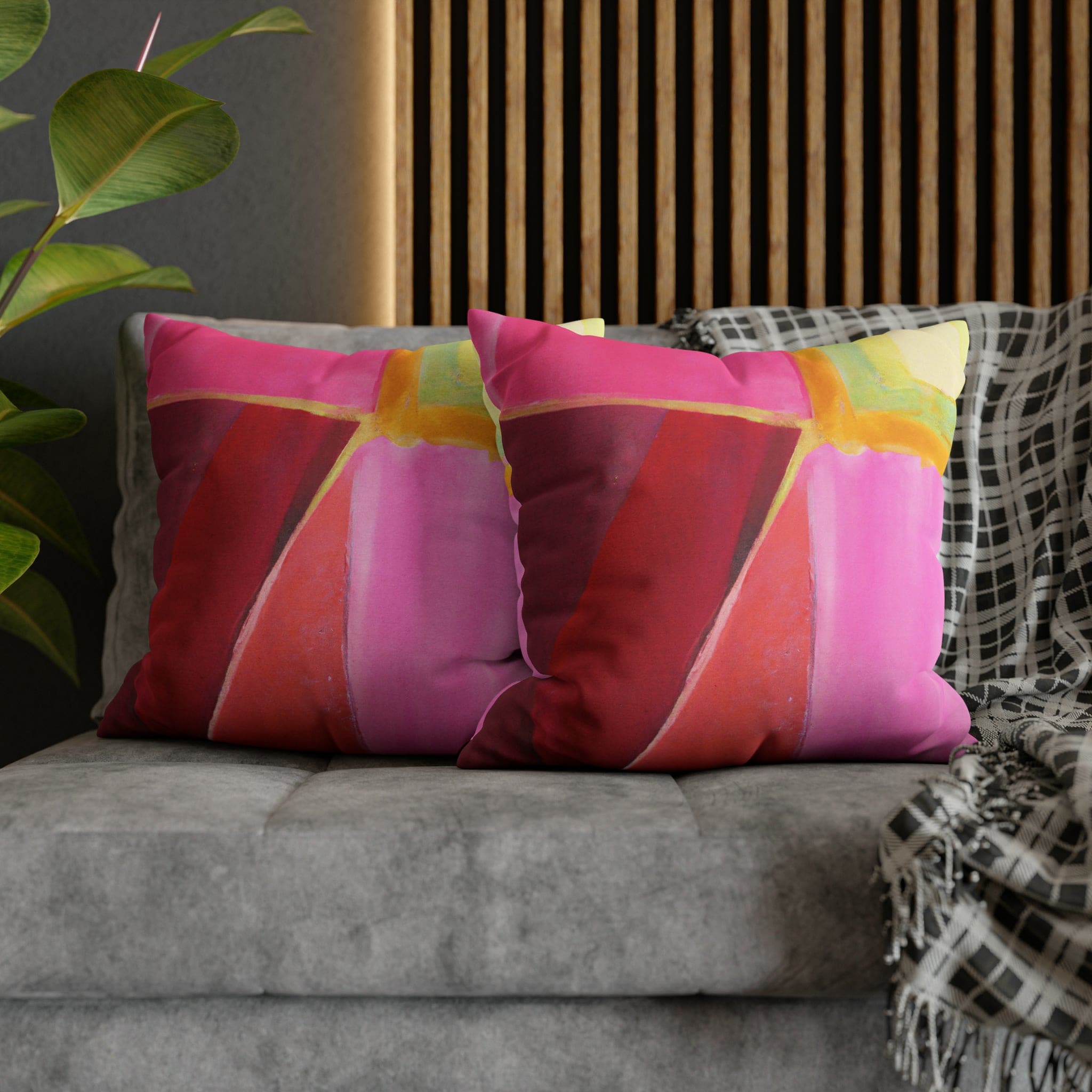 Decorative throw pillow cover in pink mauve red geometric pattern, featuring a concealed zipper and double-sided print.