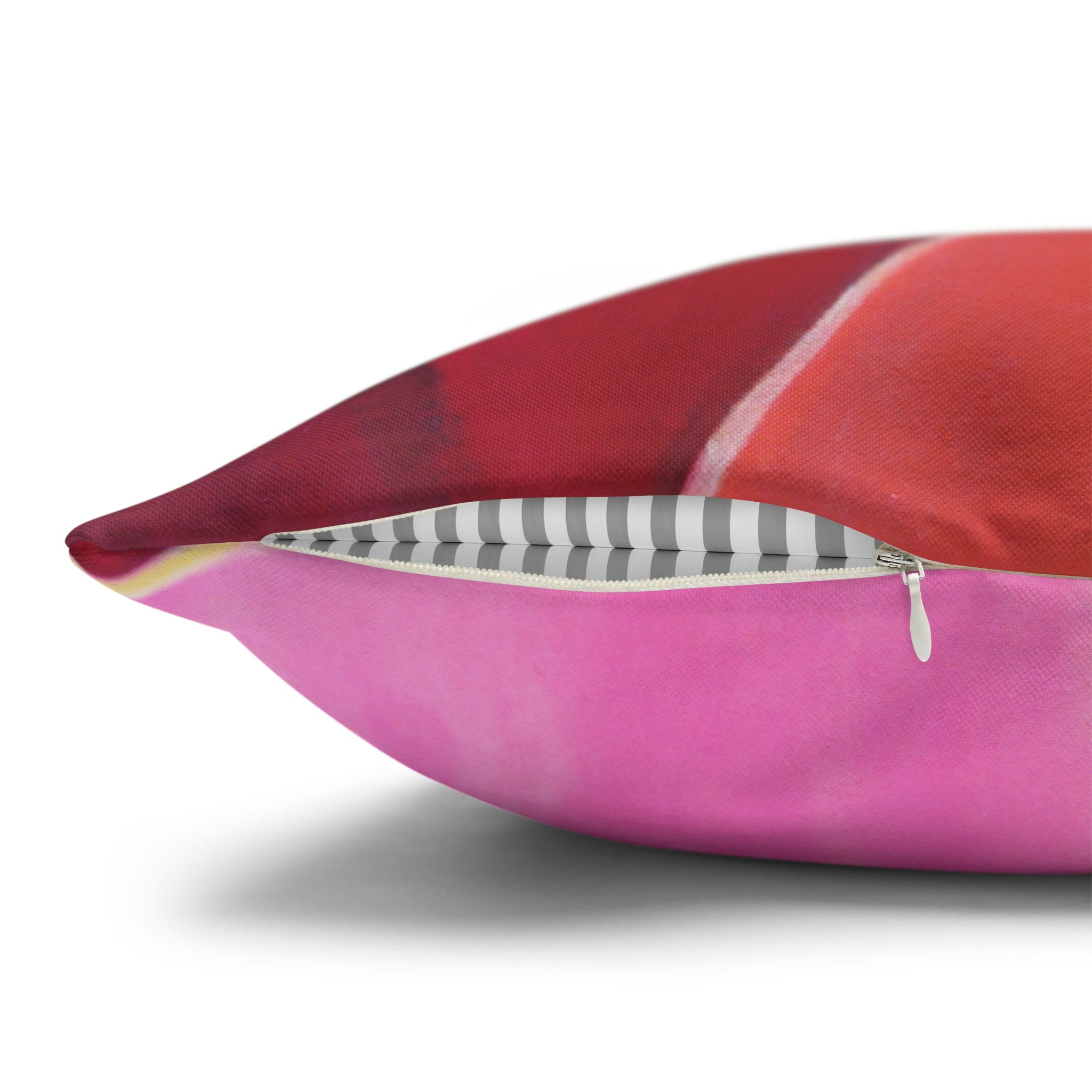 Decorative throw pillow cover in pink mauve red geometric pattern, featuring a concealed zipper and double-sided print.