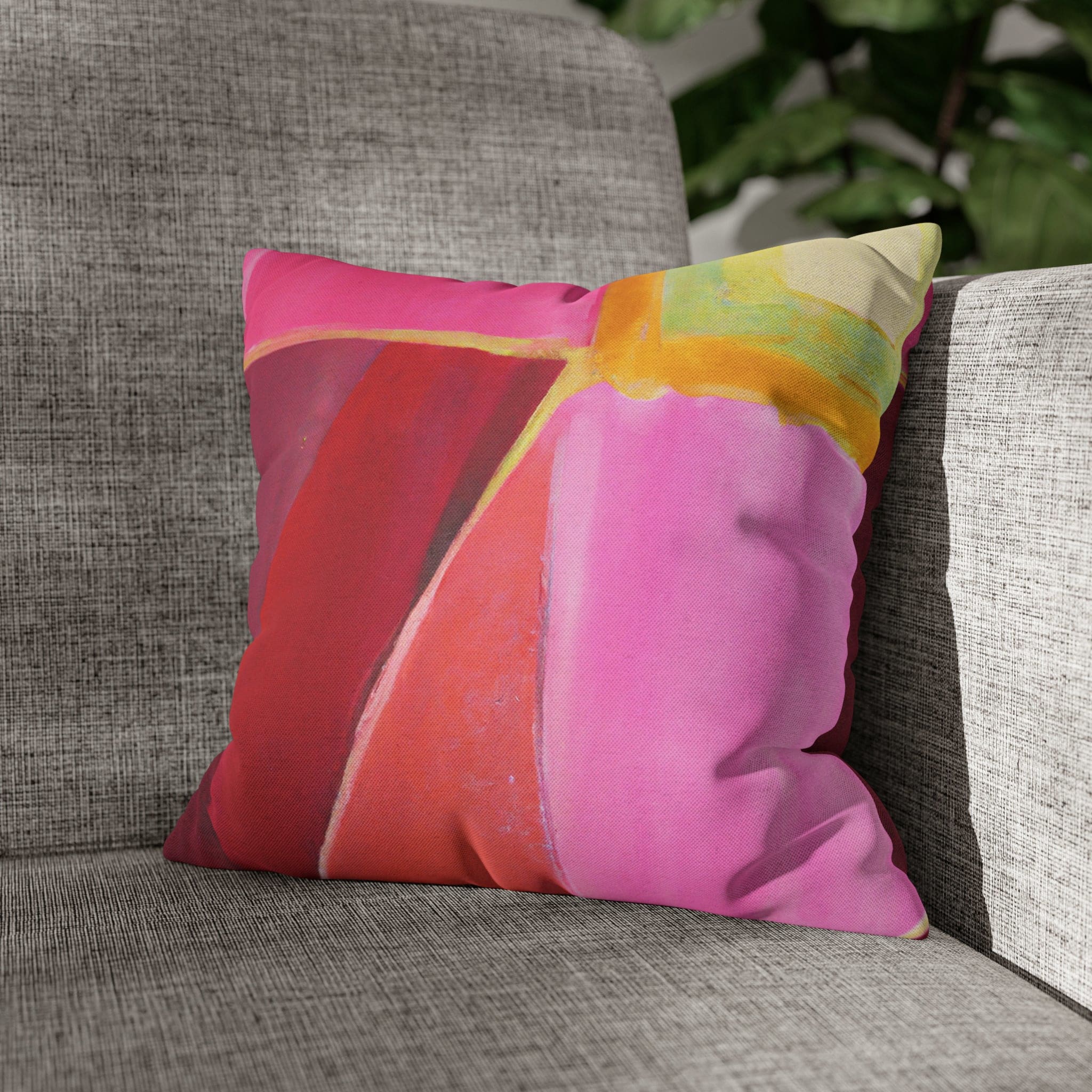 Decorative throw pillow cover in pink mauve red geometric pattern, featuring a concealed zipper and double-sided print.