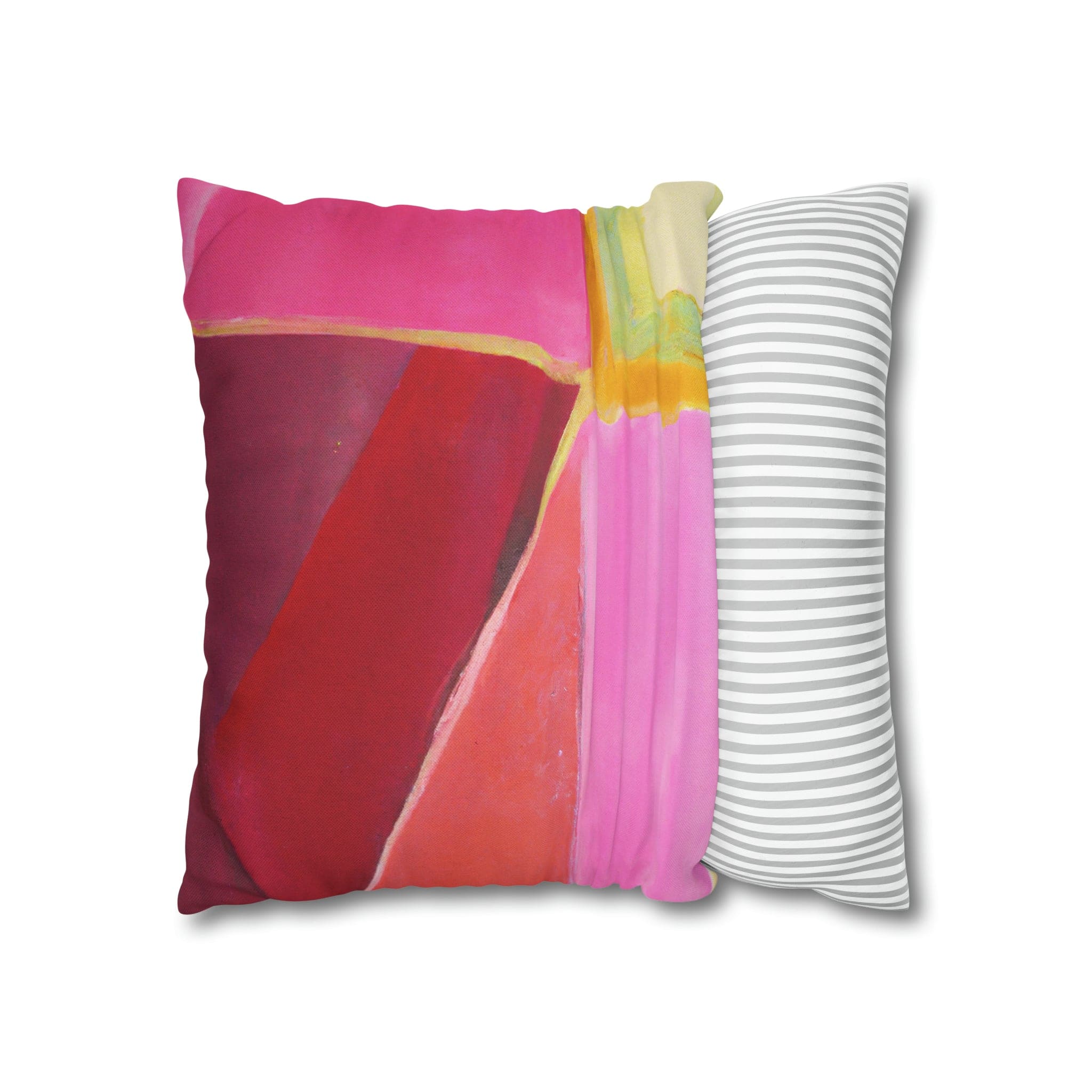 Decorative throw pillow cover in pink mauve red geometric pattern, featuring a concealed zipper and double-sided print.