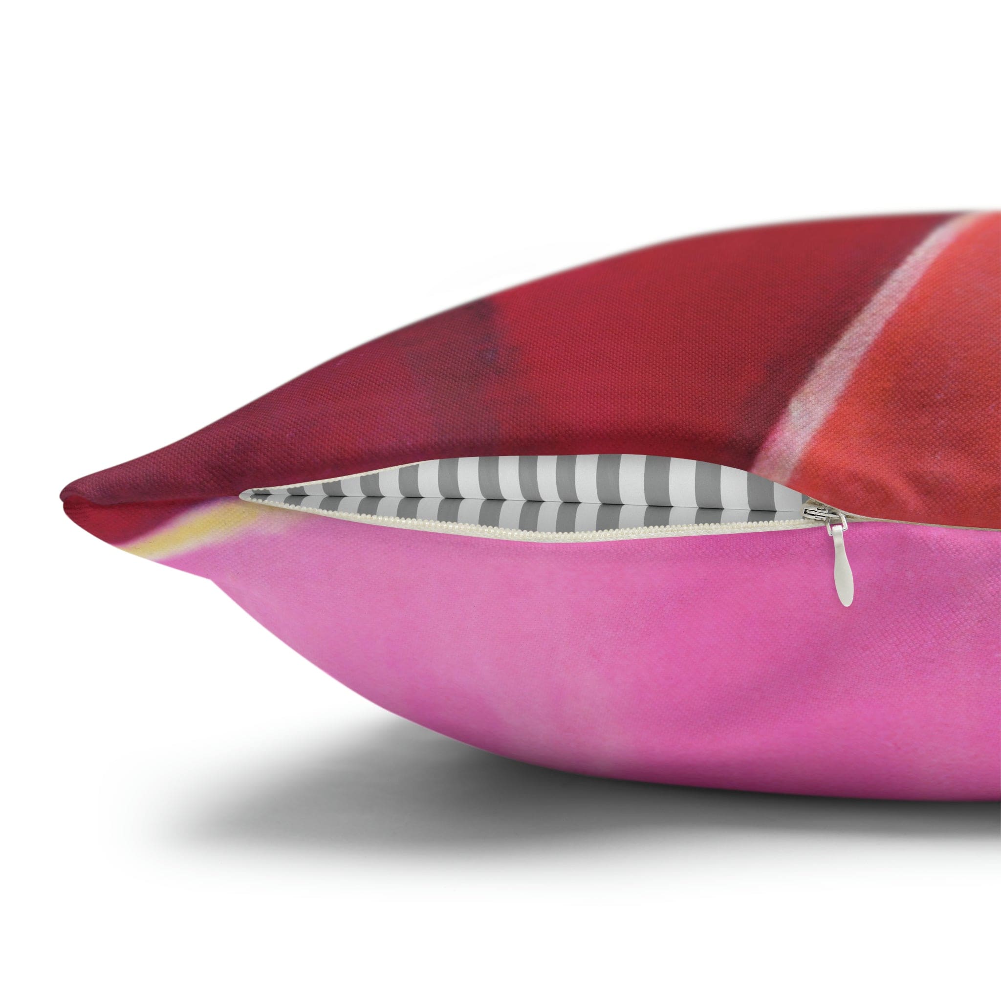 Decorative throw pillow cover in pink mauve red geometric pattern, featuring a concealed zipper and double-sided print.