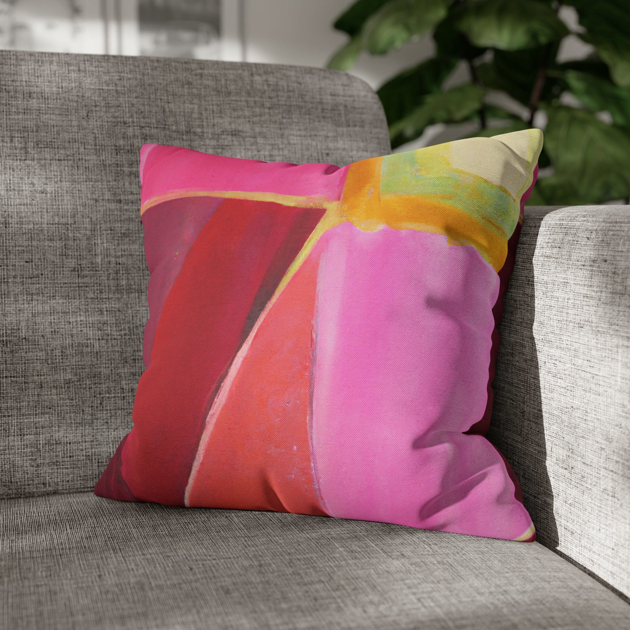 Decorative throw pillow cover in pink mauve red geometric pattern, featuring a concealed zipper and double-sided print.