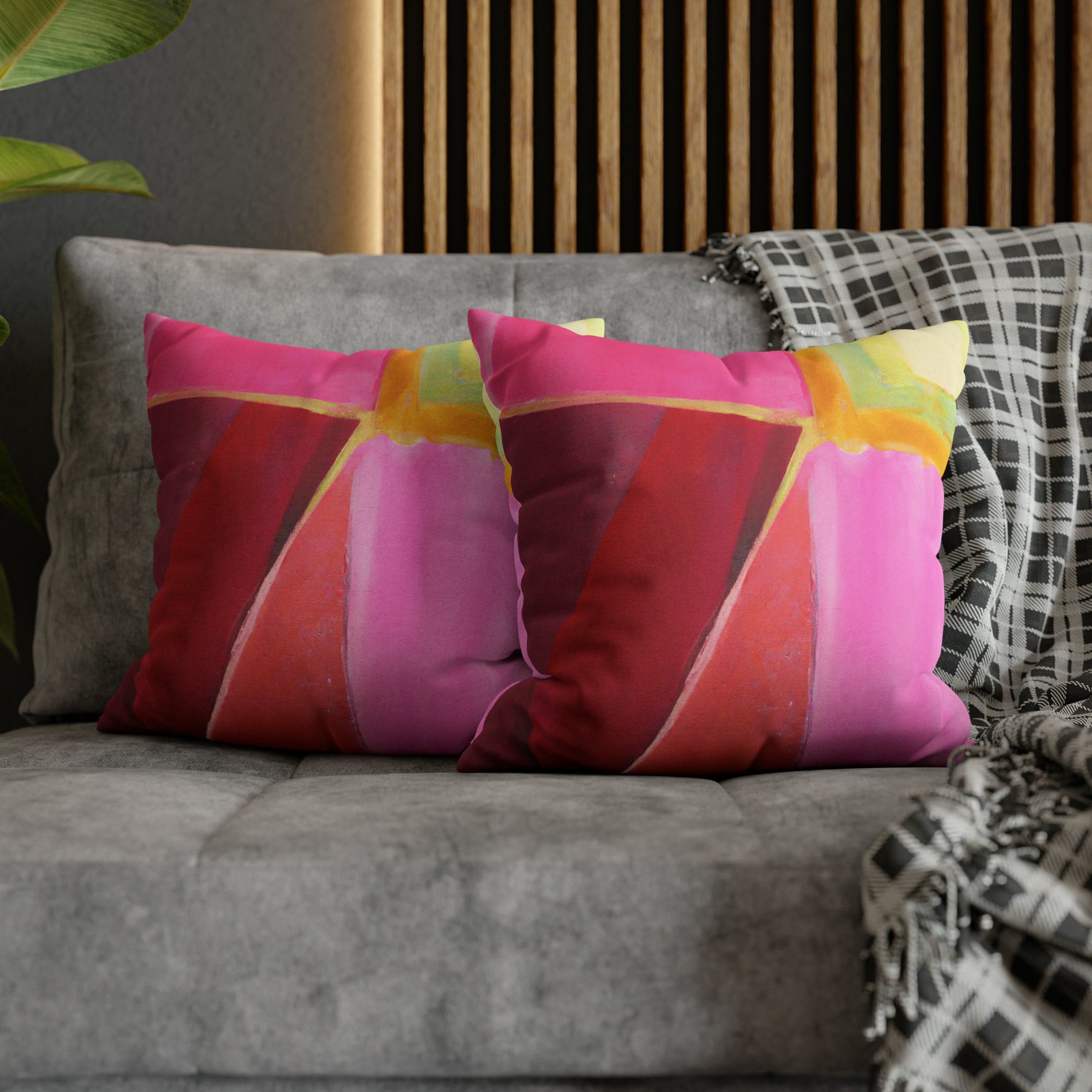 Decorative throw pillow cover in pink mauve red geometric pattern, featuring a concealed zipper and double-sided print.