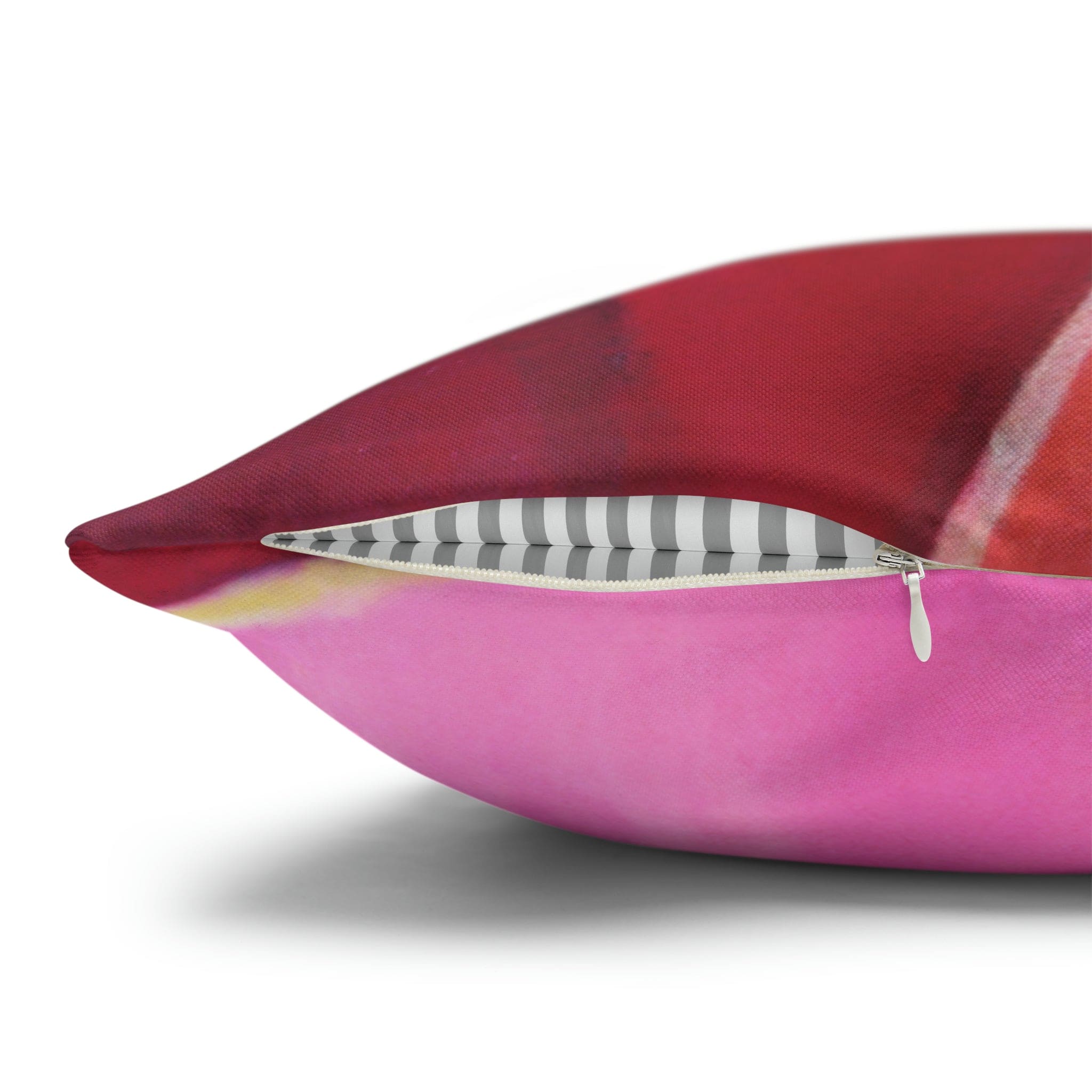 Decorative throw pillow cover in pink mauve red geometric pattern, featuring a concealed zipper and double-sided print.