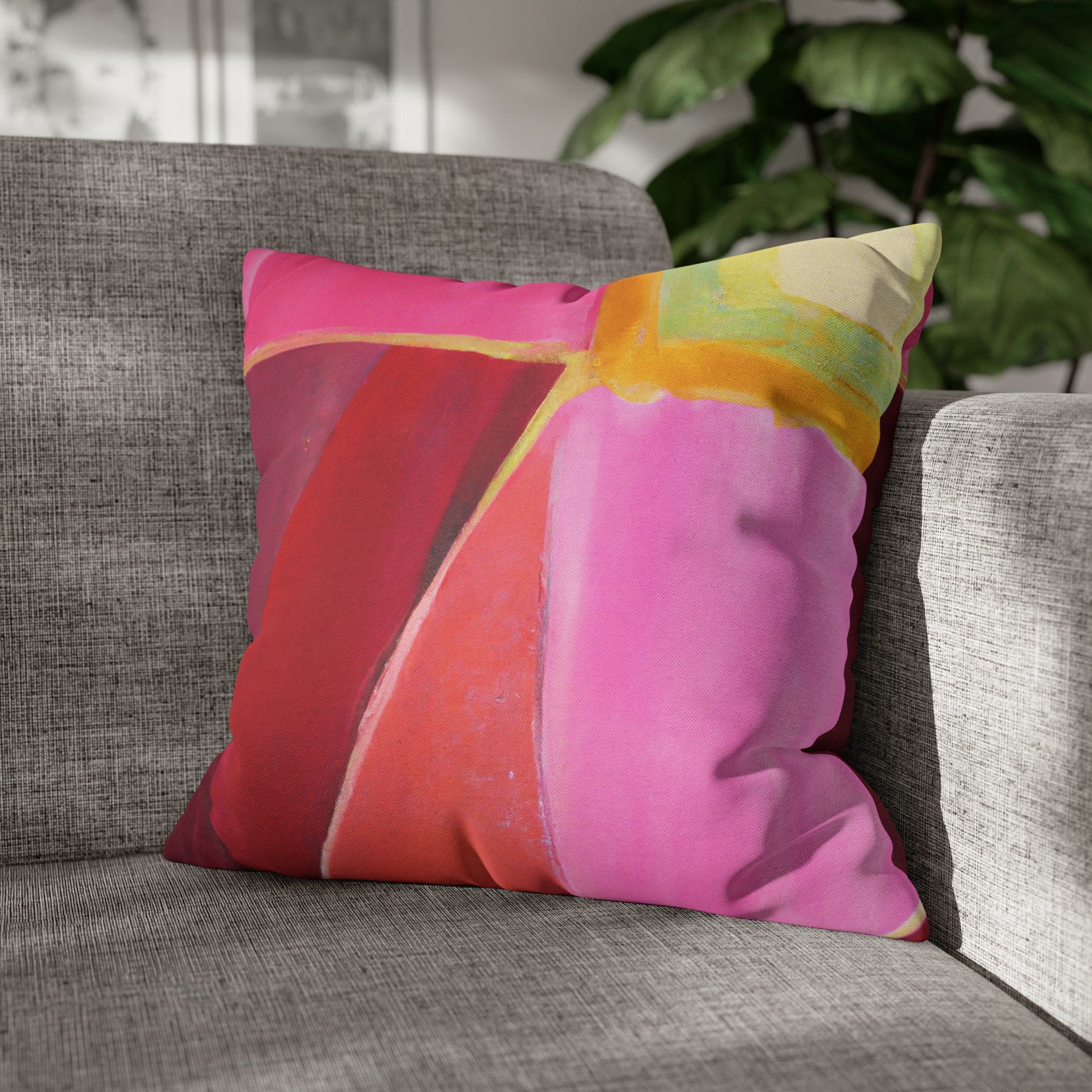 Decorative throw pillow cover in pink mauve red geometric pattern, featuring a concealed zipper and double-sided print.