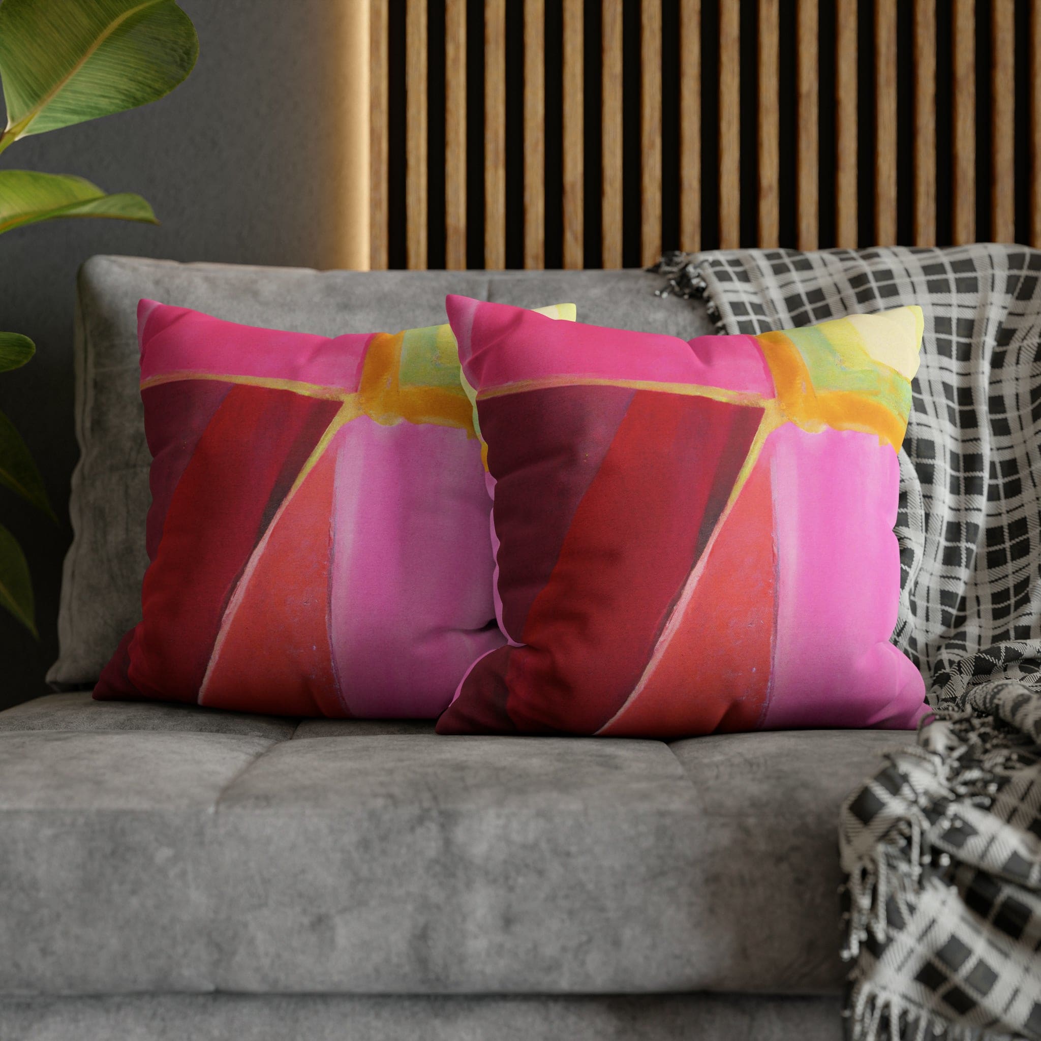 Decorative throw pillow cover in pink mauve red geometric pattern, featuring a concealed zipper and double-sided print.