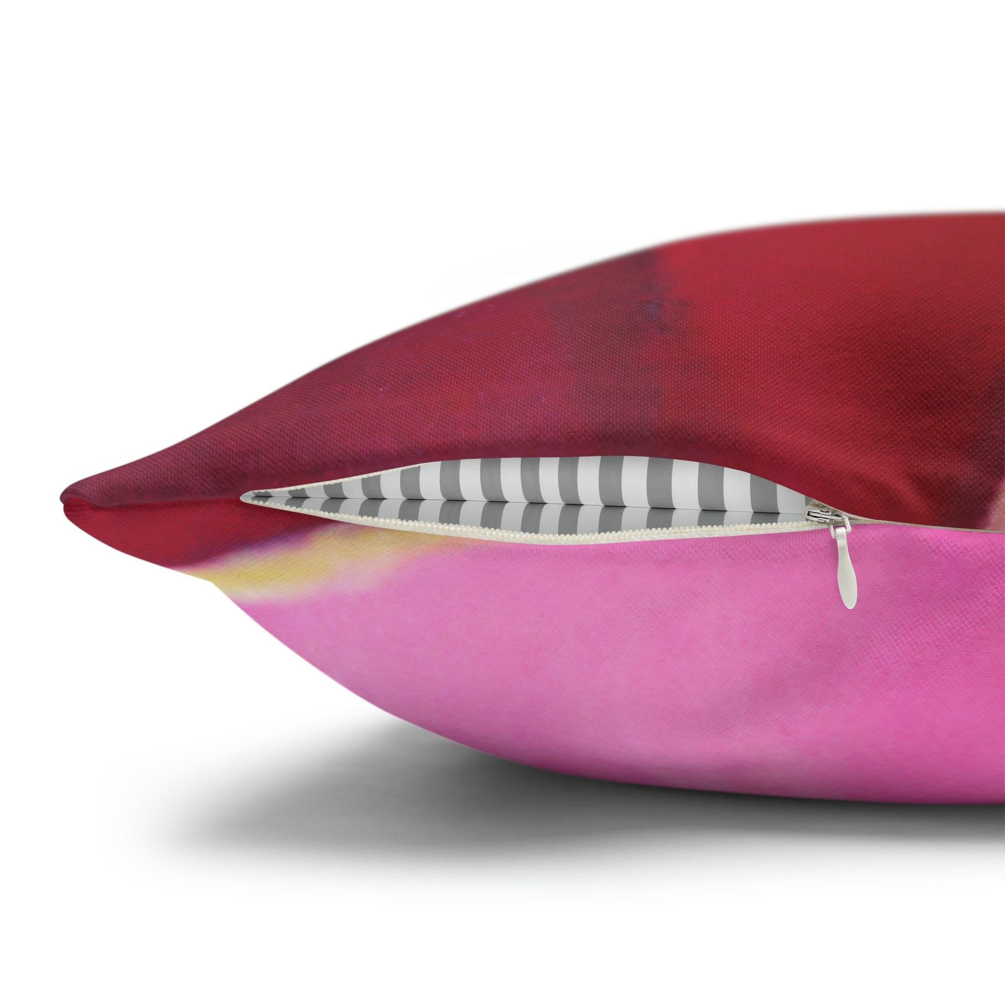 Decorative throw pillow cover in pink mauve red geometric pattern, featuring a concealed zipper and double-sided print.