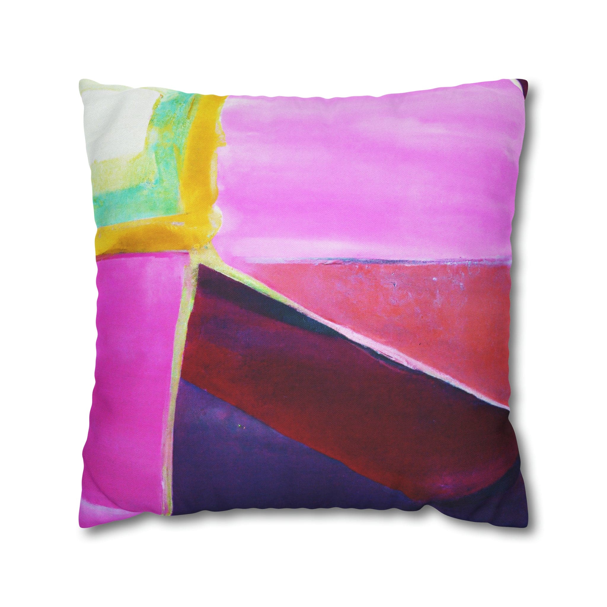 Decorative throw pillow cover featuring a pink, purple, and red geometric pattern, showcasing its vibrant colors and stylish design.