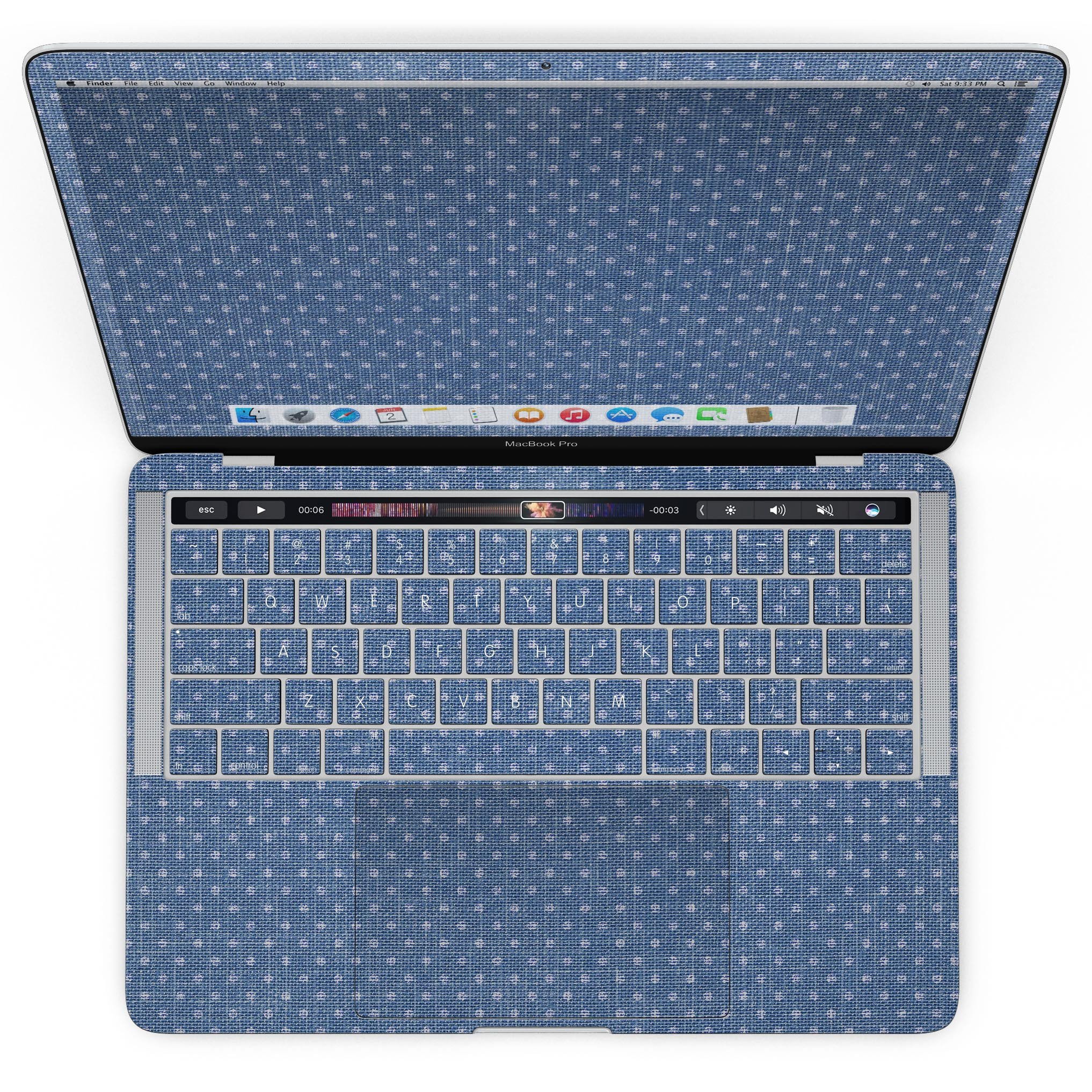 Deep Blue Sea Micro Dots skin kit for MacBook Pro with Touch Bar, showcasing a stylish design and premium vinyl material.