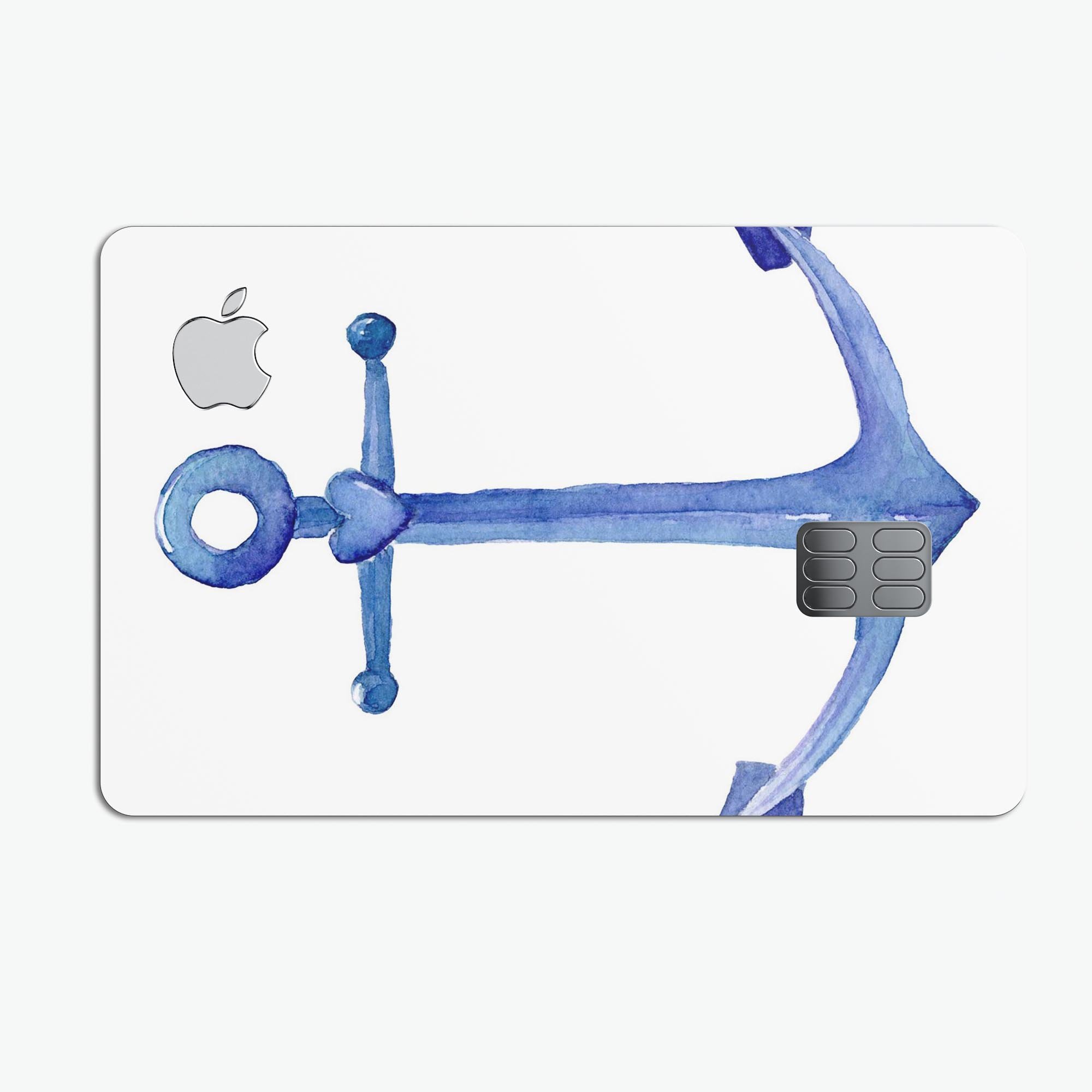Deep Blue Watercolor Heart Anchor decal skin for Apple Card, showcasing vibrant colors and intricate design.