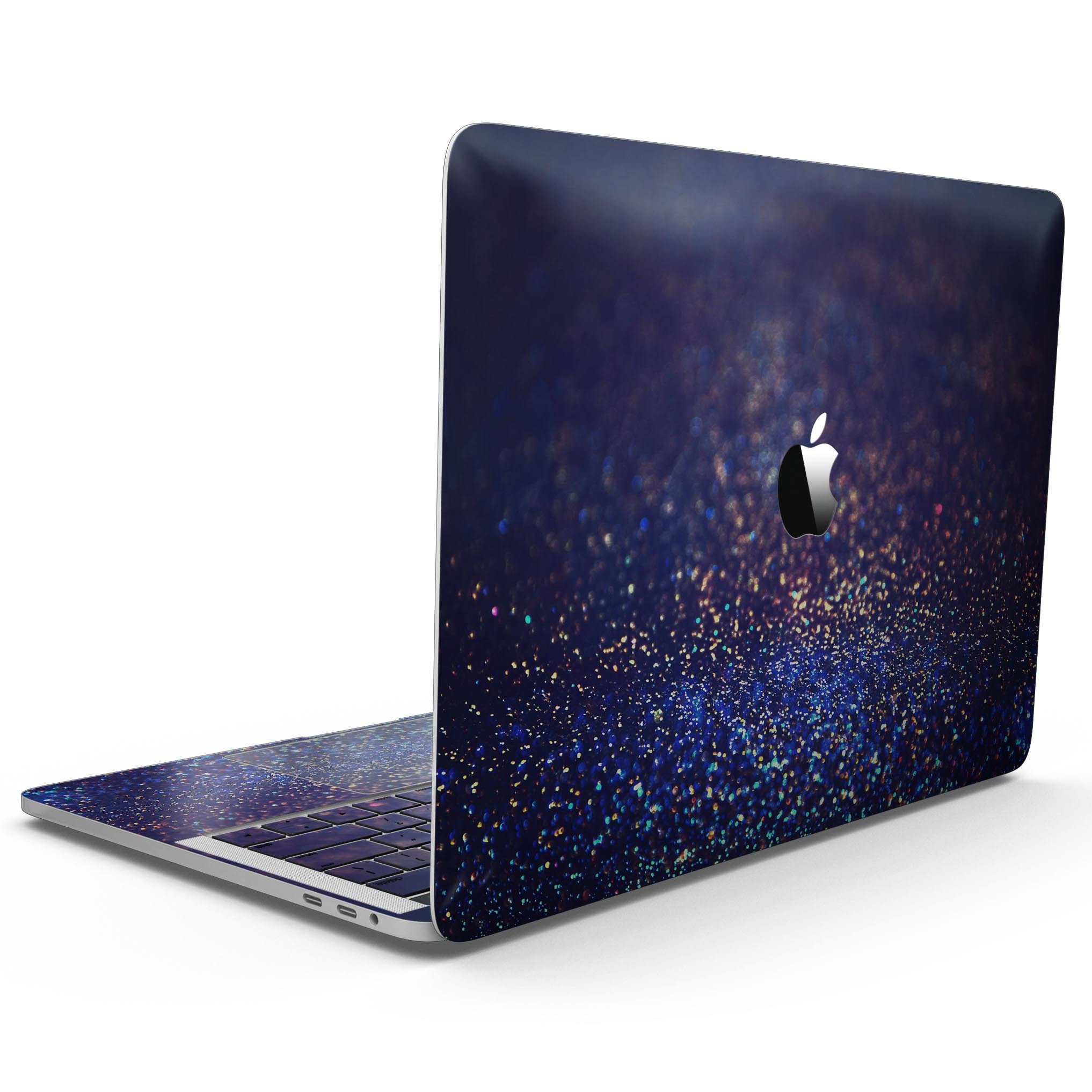 Deep Blue MacBook Pro skin featuring gold shimmering orbs of light, showcasing a stylish design that enhances the device's appearance.