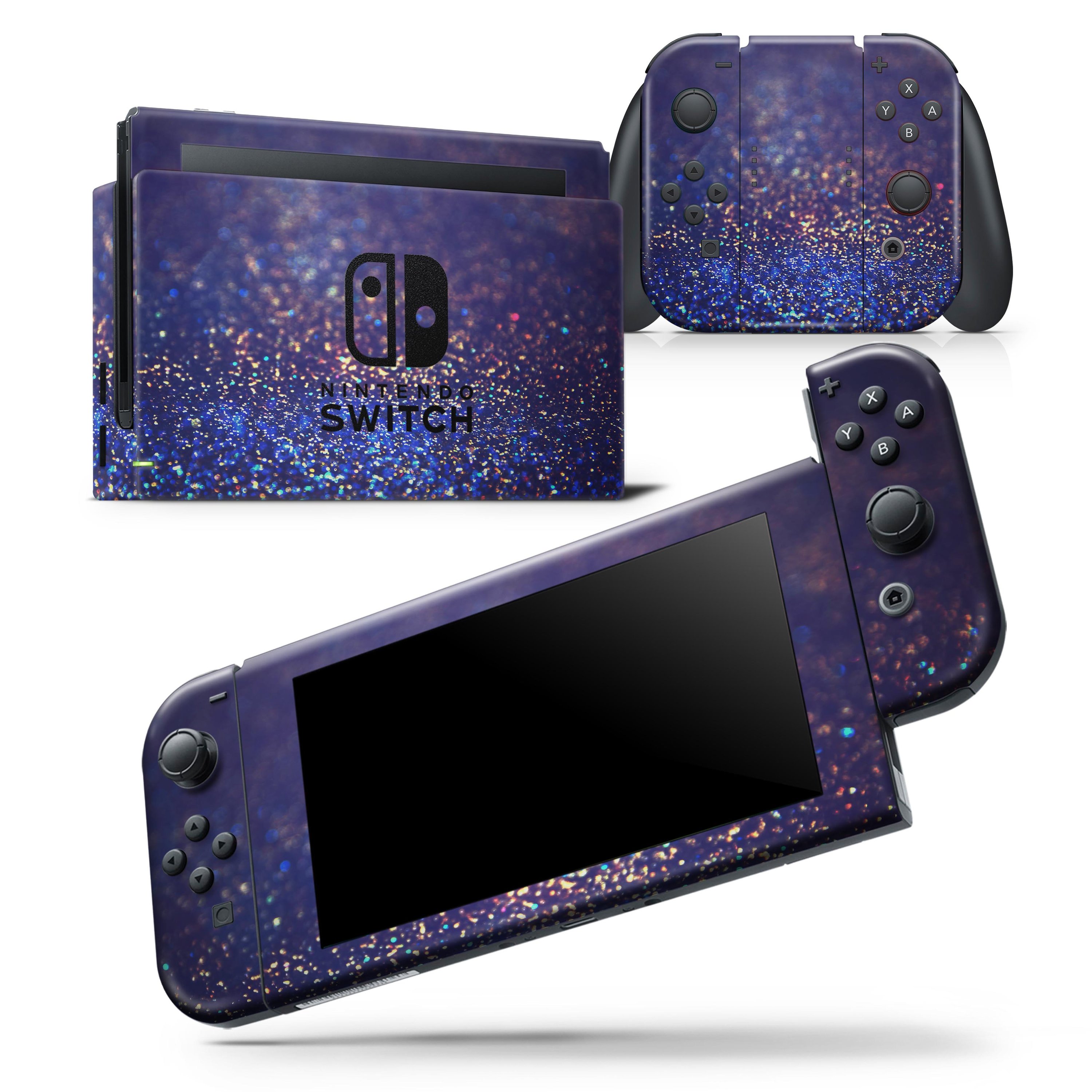 Deep Blue skin wrap decal for Nintendo Switch featuring gold shimmering orbs, designed for a perfect fit and stylish protection.