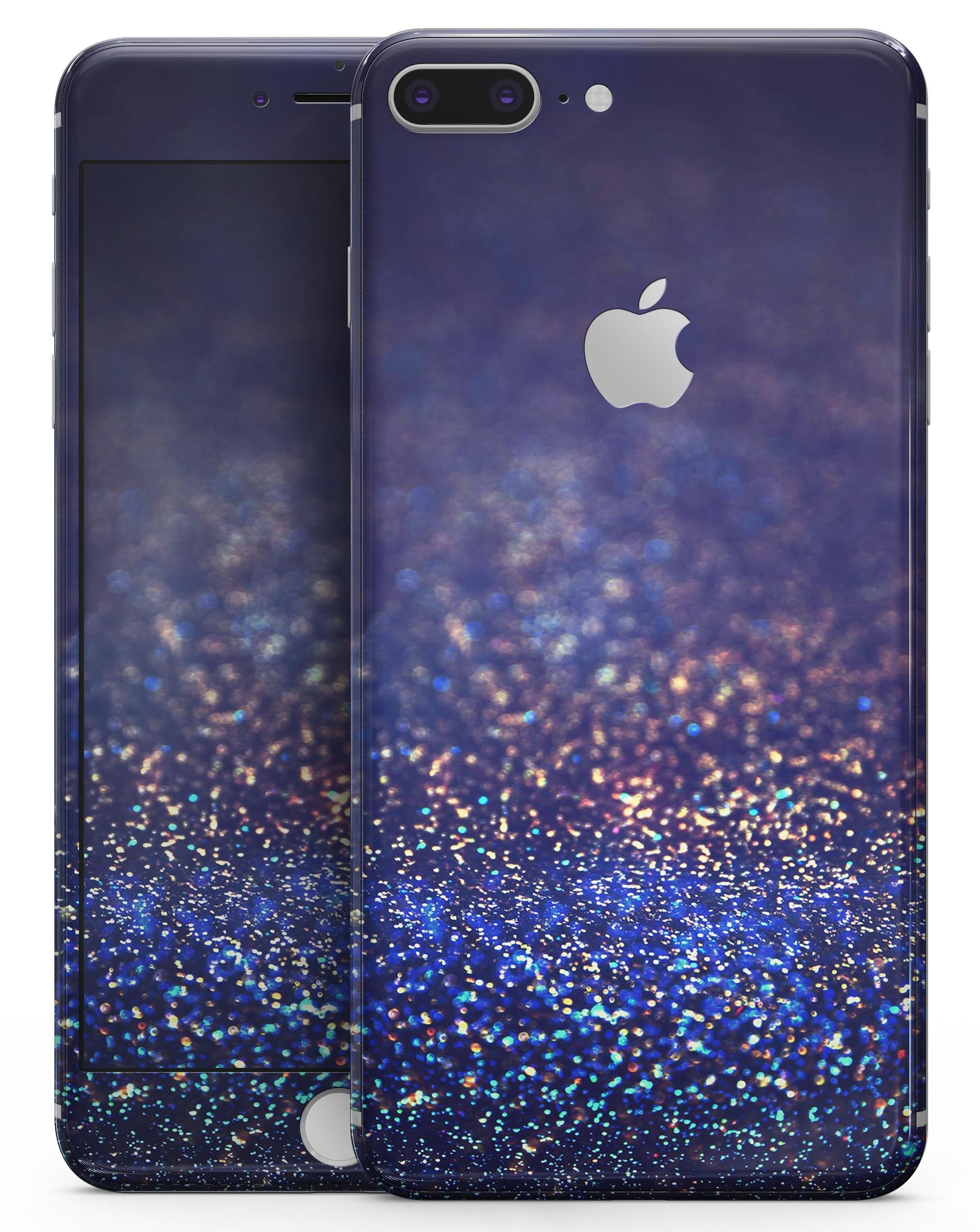 Deep Blue skin for iPhone 8/8 Plus with gold shimmering orbs, showcasing a stylish design and premium vinyl material.