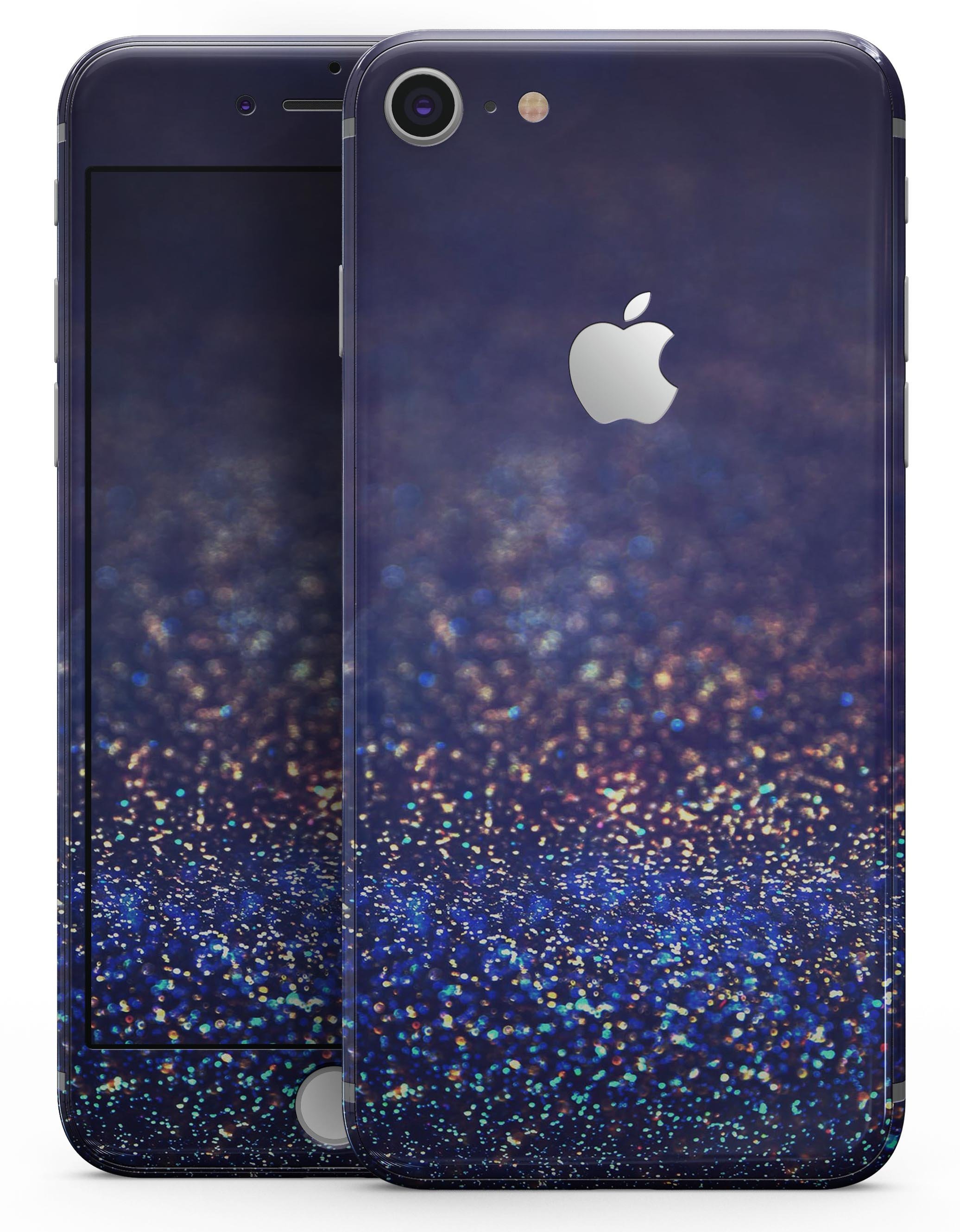Deep Blue skin for iPhone 8/8 Plus with gold shimmering orbs, showcasing a stylish design and premium vinyl material.