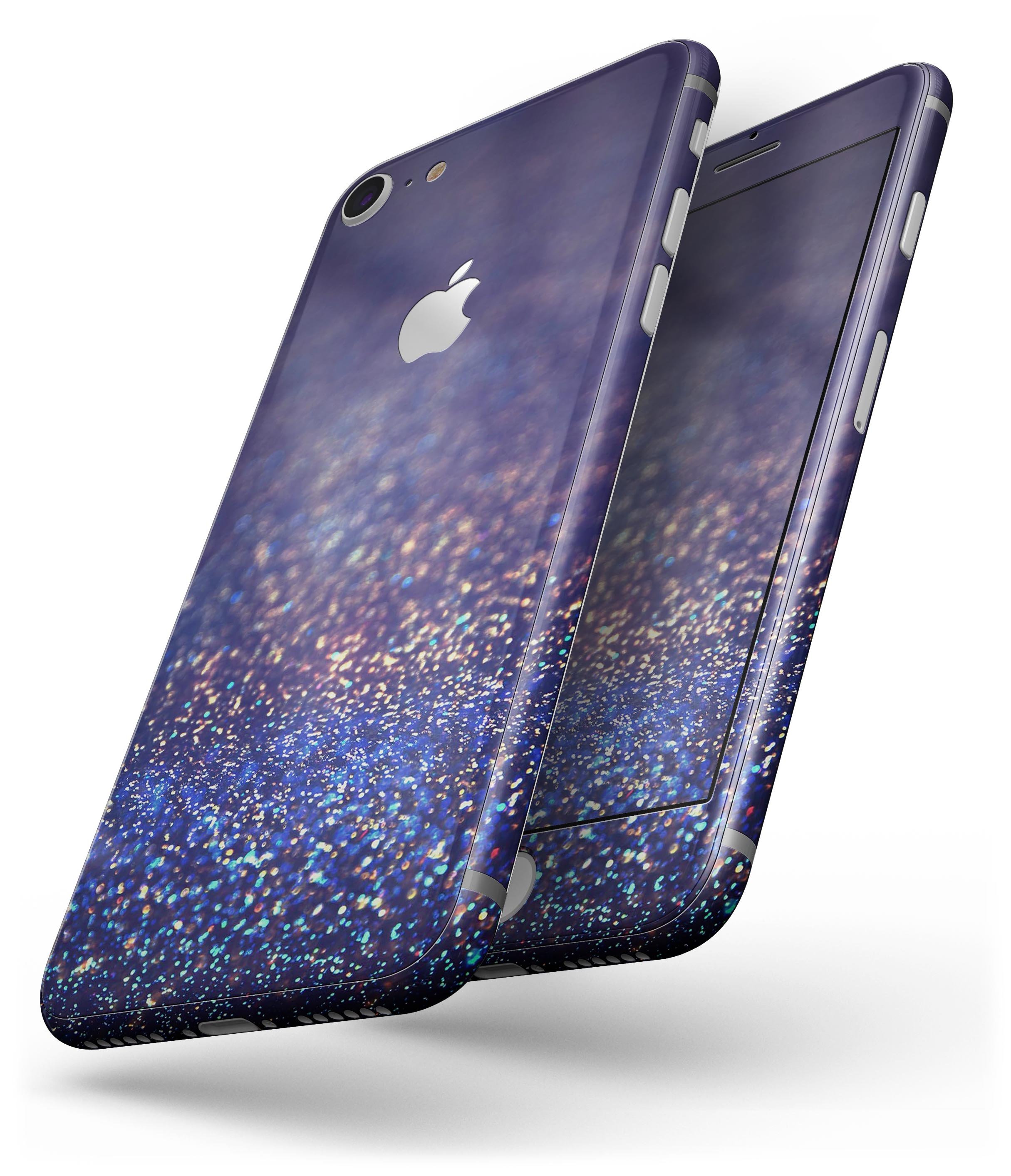 Deep Blue skin for iPhone 8/8 Plus with gold shimmering orbs, showcasing a stylish design and premium vinyl material.
