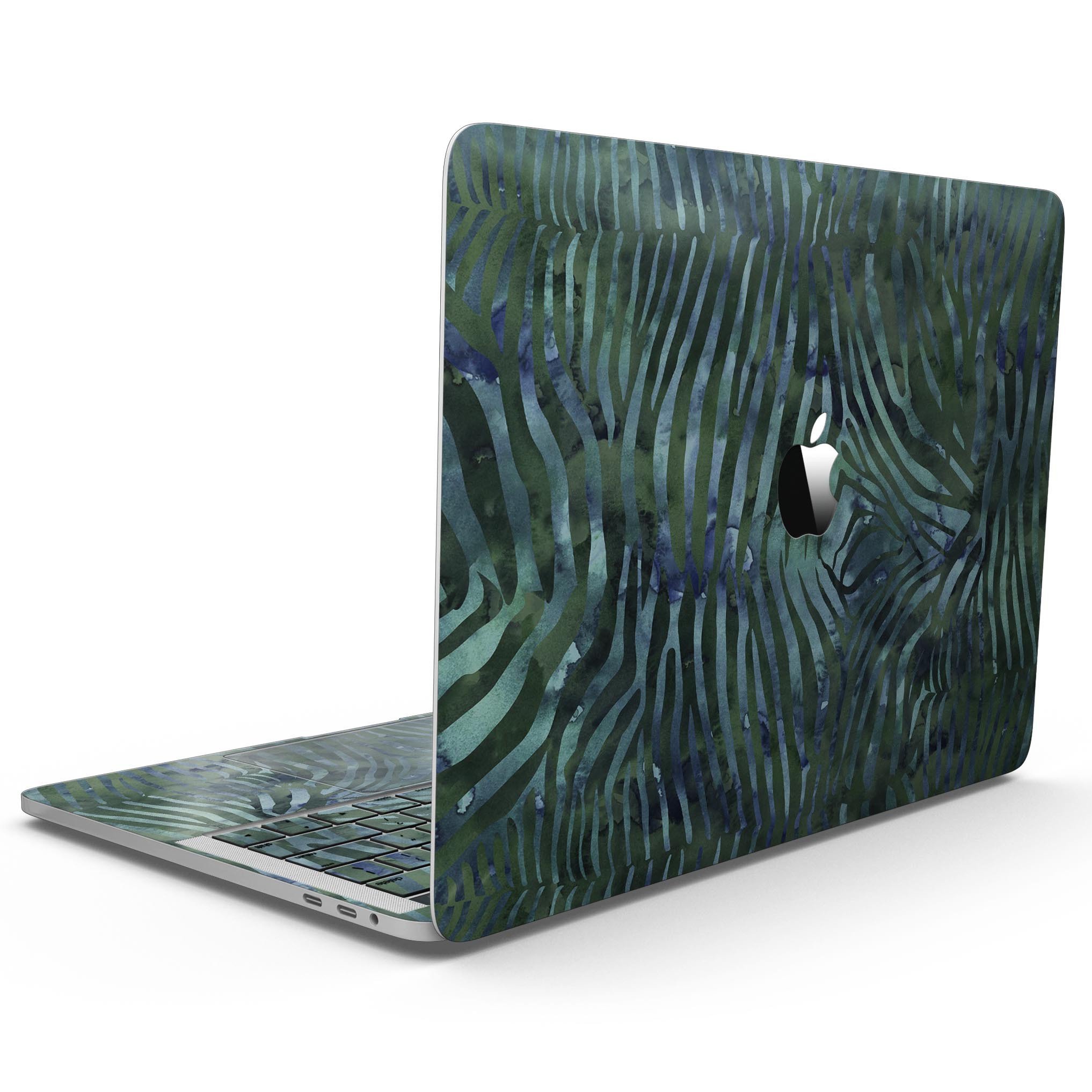 Deep Green and Blue Watercolor Zebra Pattern skin for 13" MacBook Pro without Touch Bar, showcasing vibrant colors and intricate design.