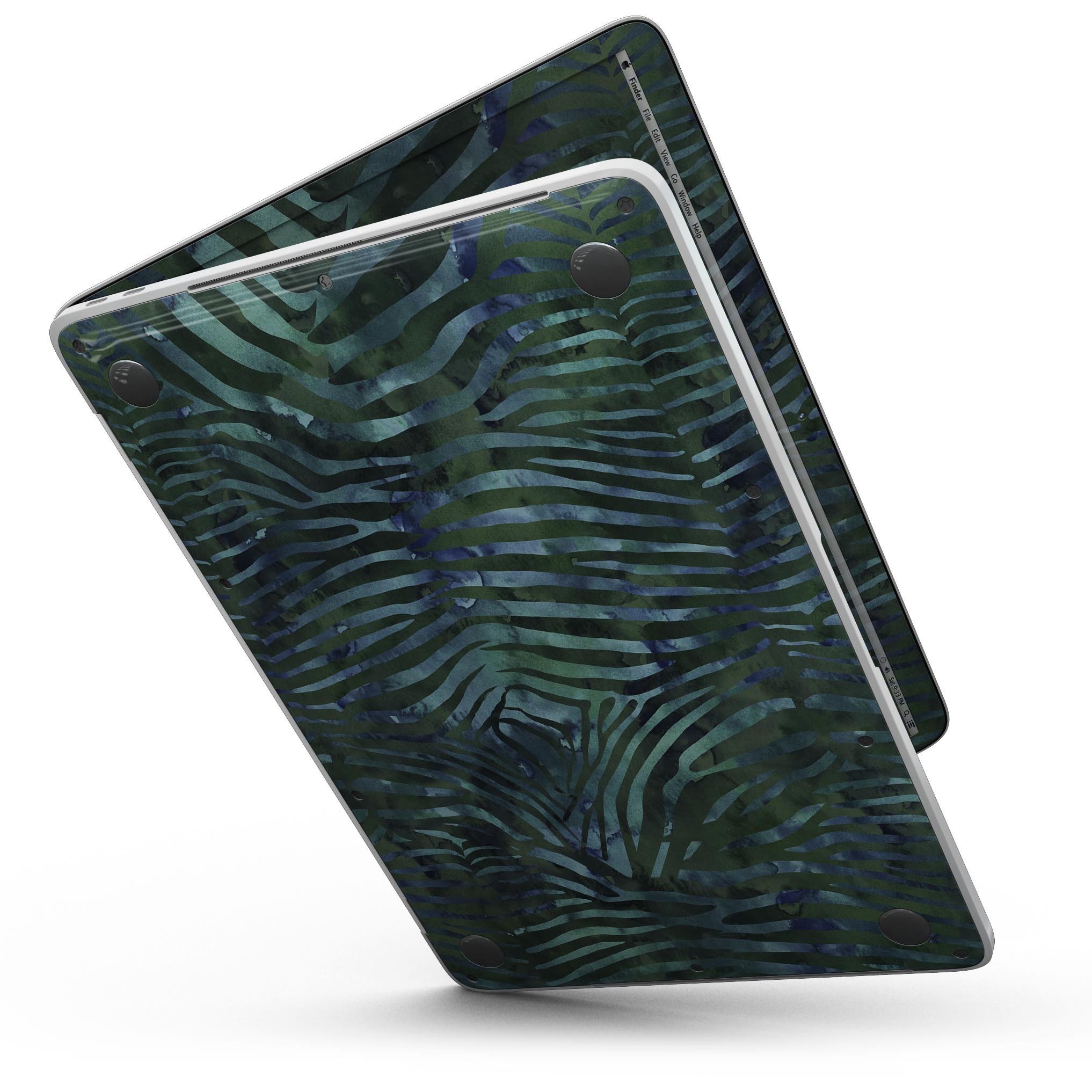 Deep Green and Blue Watercolor Zebra Pattern skin for 13" MacBook Pro without Touch Bar, showcasing vibrant colors and intricate design.