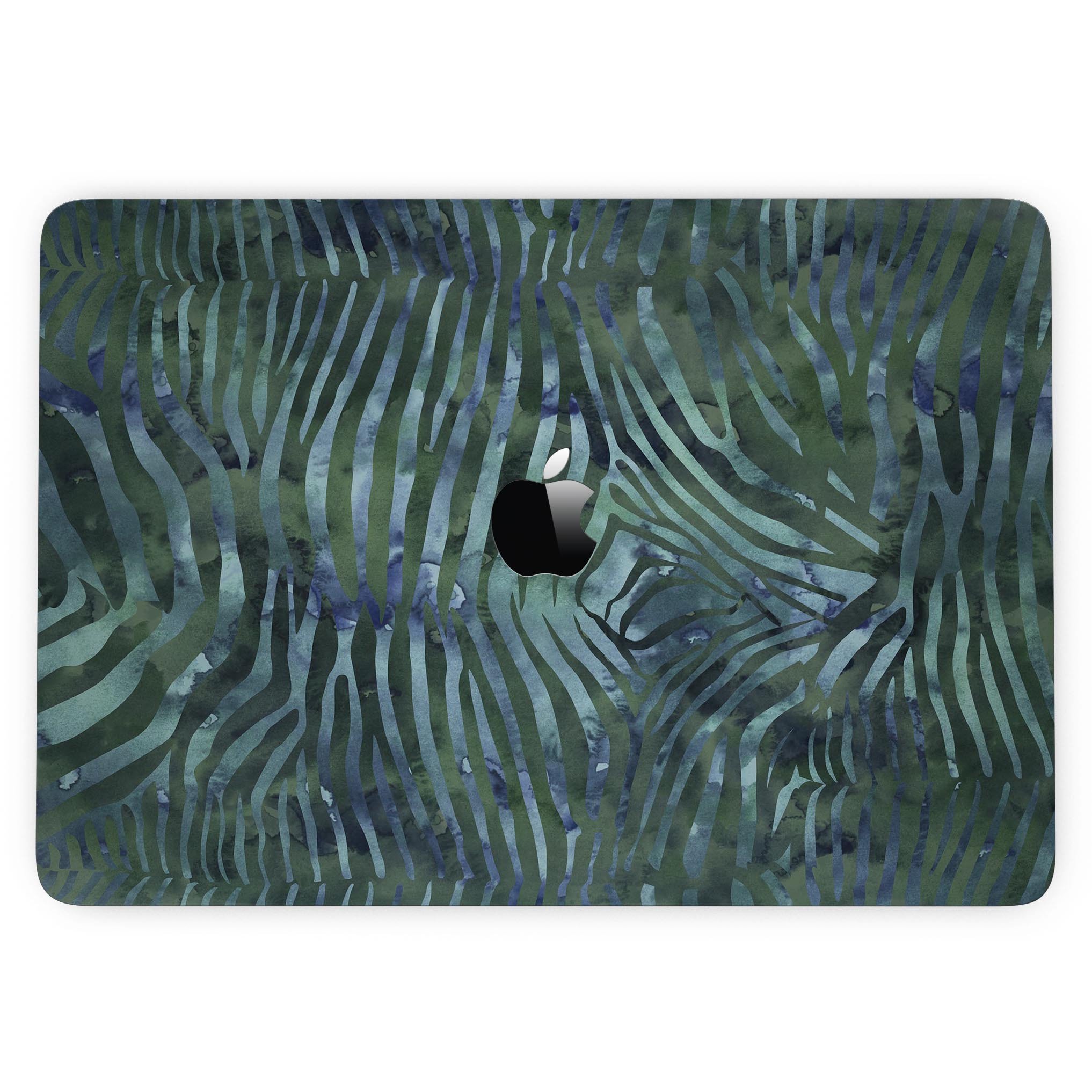 Deep Green and Blue Watercolor Zebra Pattern skin for 13" MacBook Pro without Touch Bar, showcasing vibrant colors and intricate design.